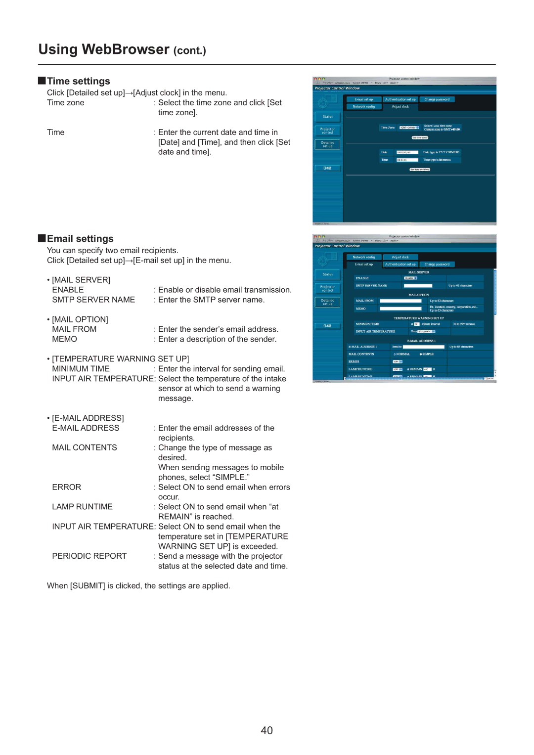 Panasonic PT-F200NTE/PT-FW100NTE, PT-F200NTU/PT-FW100NTU, PT-F200NTEA/PT-FW100NTEA manual Time settings, Email settings 