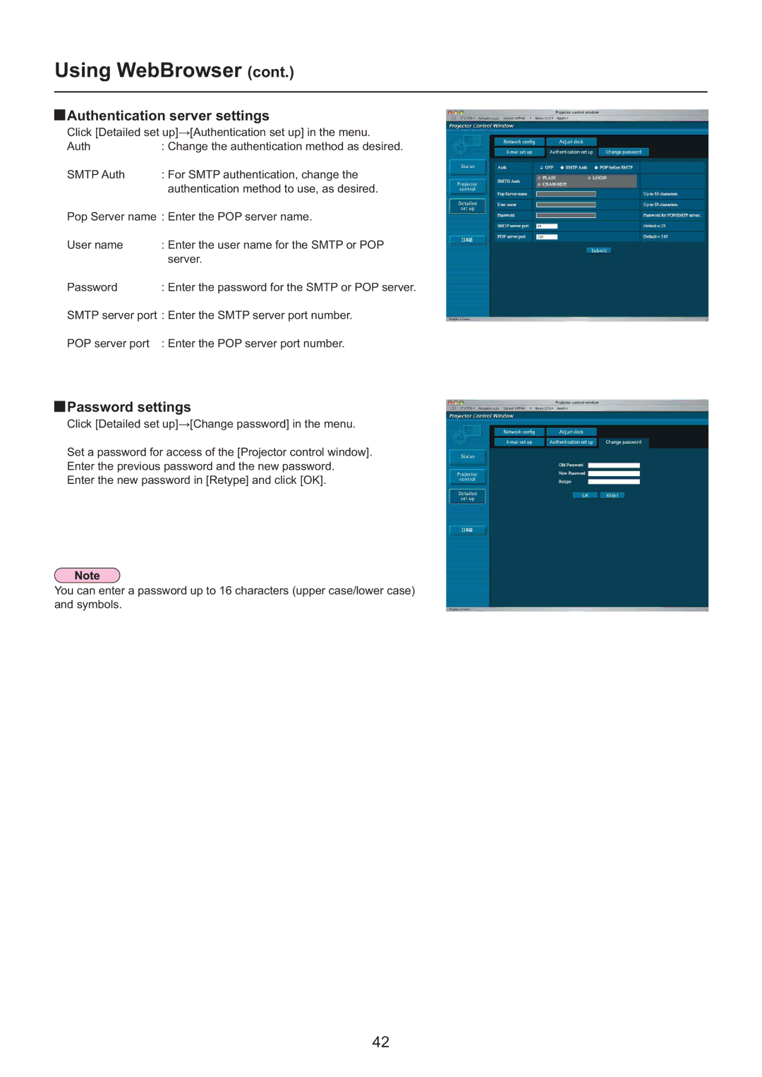 Panasonic PT-F200NTU/PT-FW100NTU, PT-F200NTE/PT-FW100NTE manual Authentication server settings, Password settings 