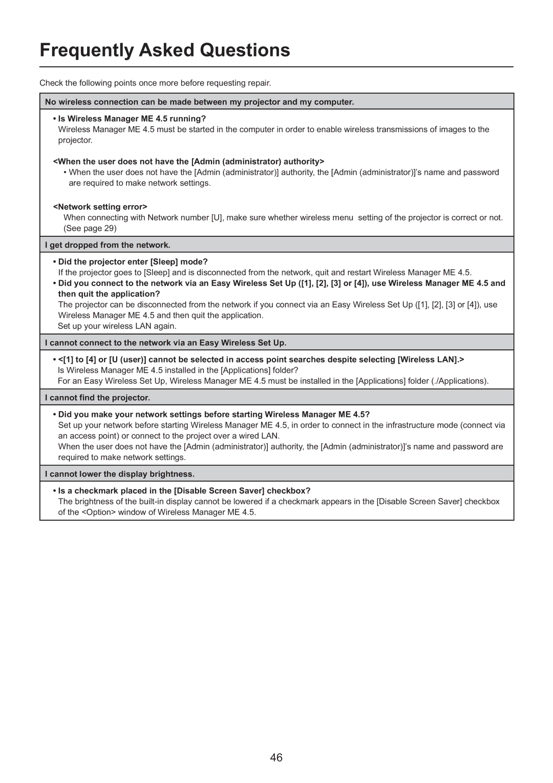 Panasonic PT-F200NTE/PT-FW100NTE, PT-F200NTU/PT-FW100NTU manual Frequently Asked Questions, Network setting error 