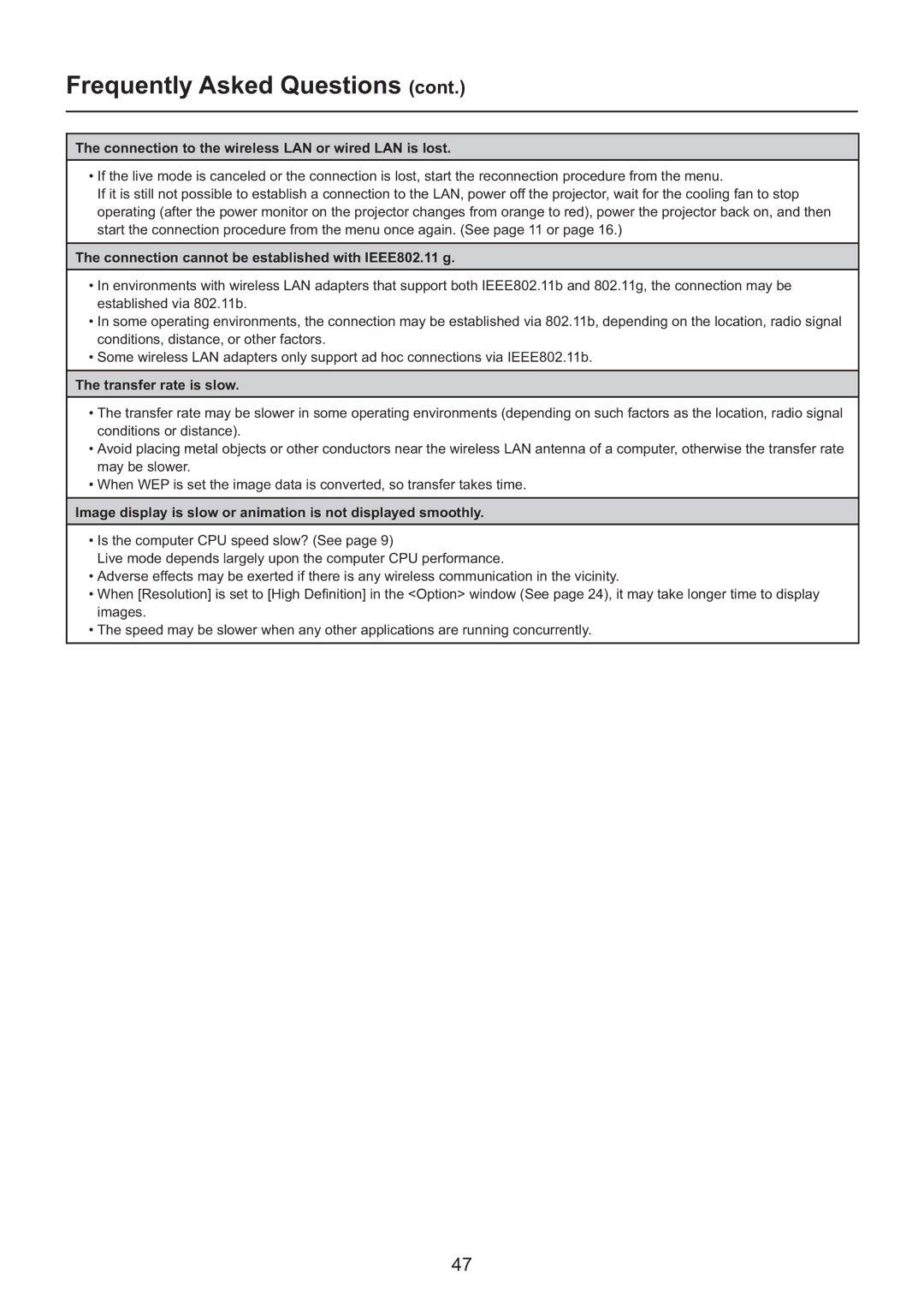 Panasonic PT-F200NTEA/PT-FW100NTEA manual Frequently Asked Questions, Connection to the wireless LAN or wired LAN is lost 