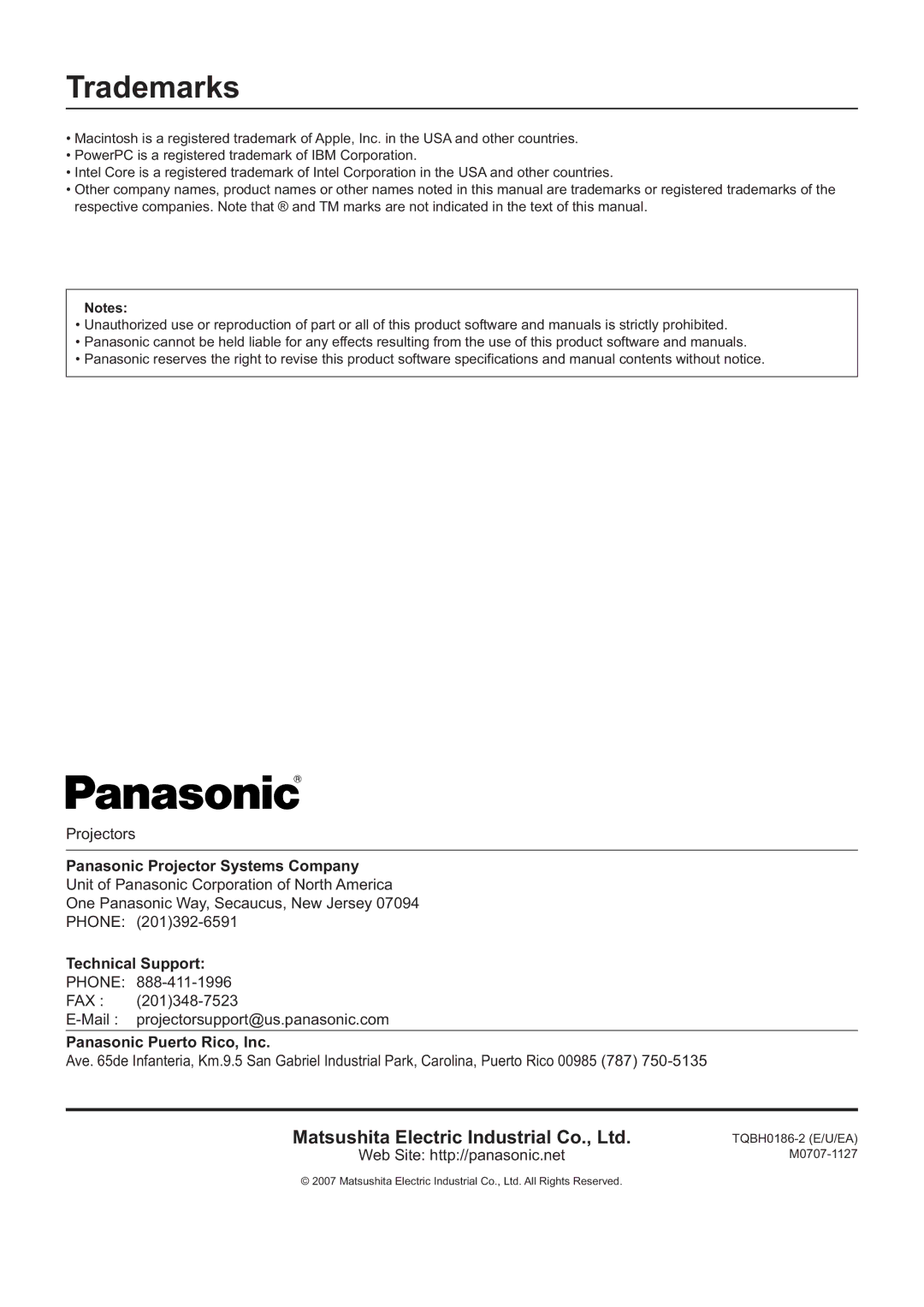 Panasonic PT-F200NTE/PT-FW100NTE, PT-F200NTU/PT-FW100NTU manual Trademarks, Panasonic Projector Systems Company 