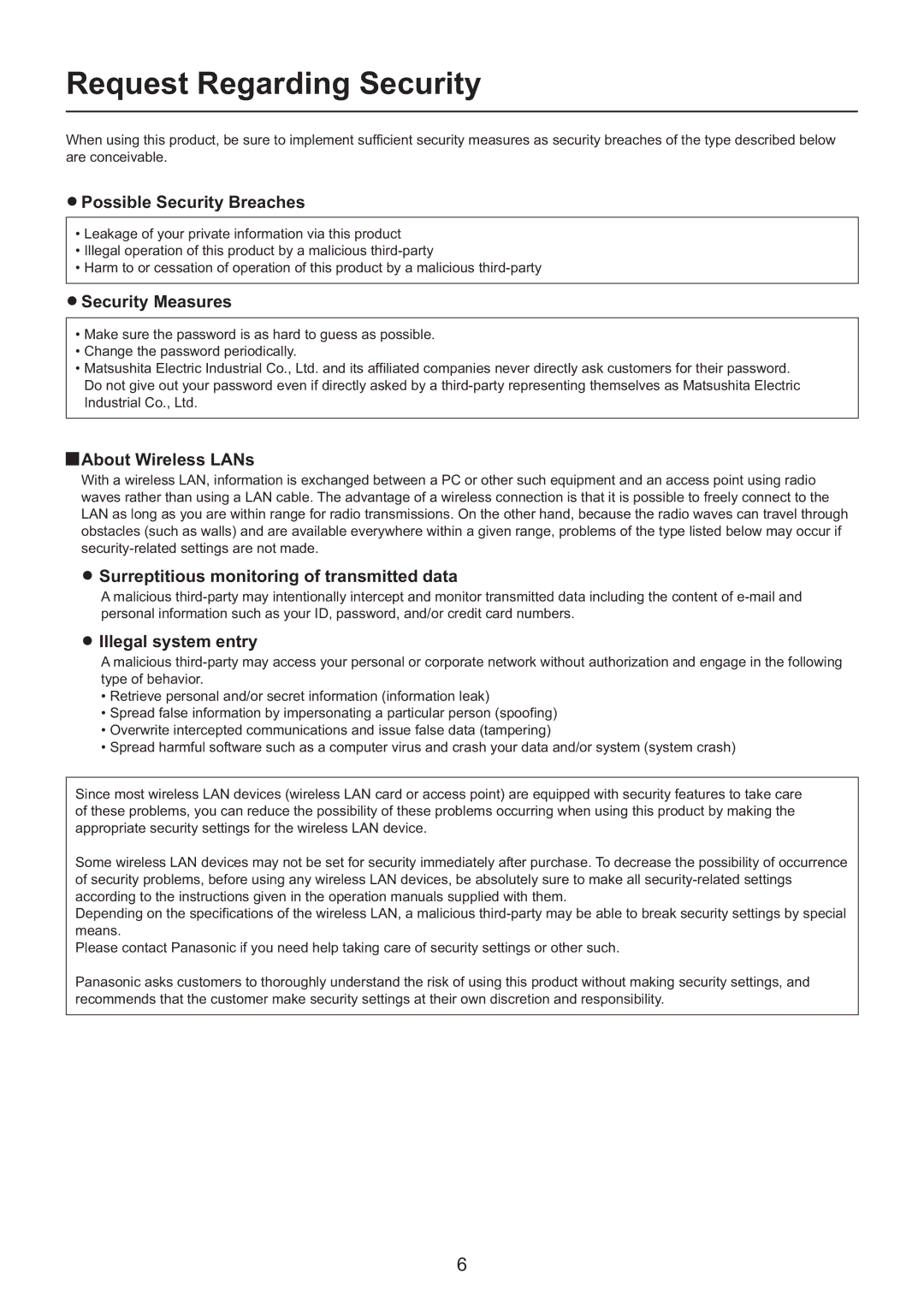 Panasonic PT-F200NTU/PT-FW100NTU, PT-F200NTE/PT-FW100NTE, PT-F200NTEA/PT-FW100NTEA manual Request Regarding Security 