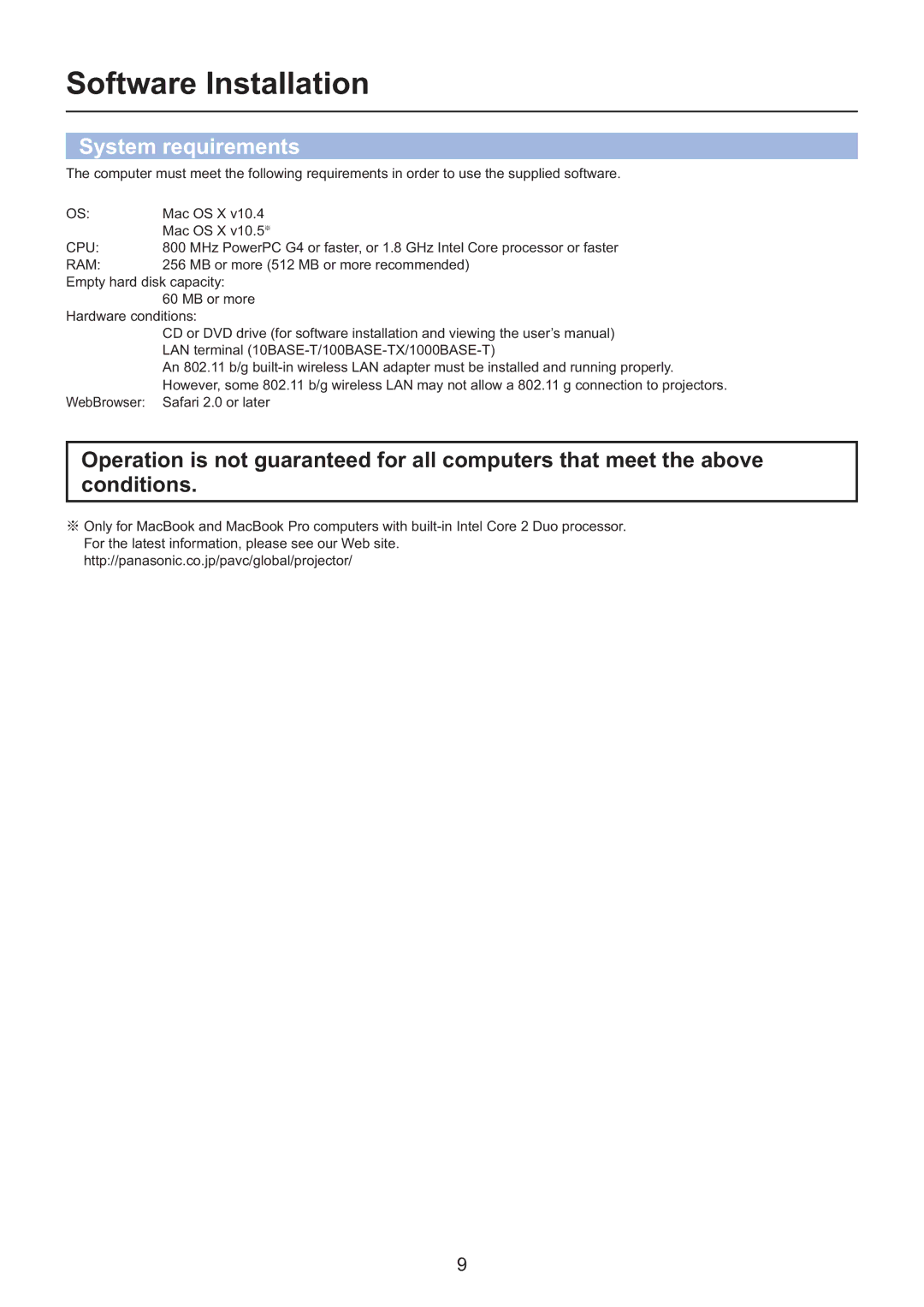 Panasonic PT-F200NTU/PT-FW100NTU, PT-F200NTE/PT-FW100NTE manual Software Installation, System requirements 