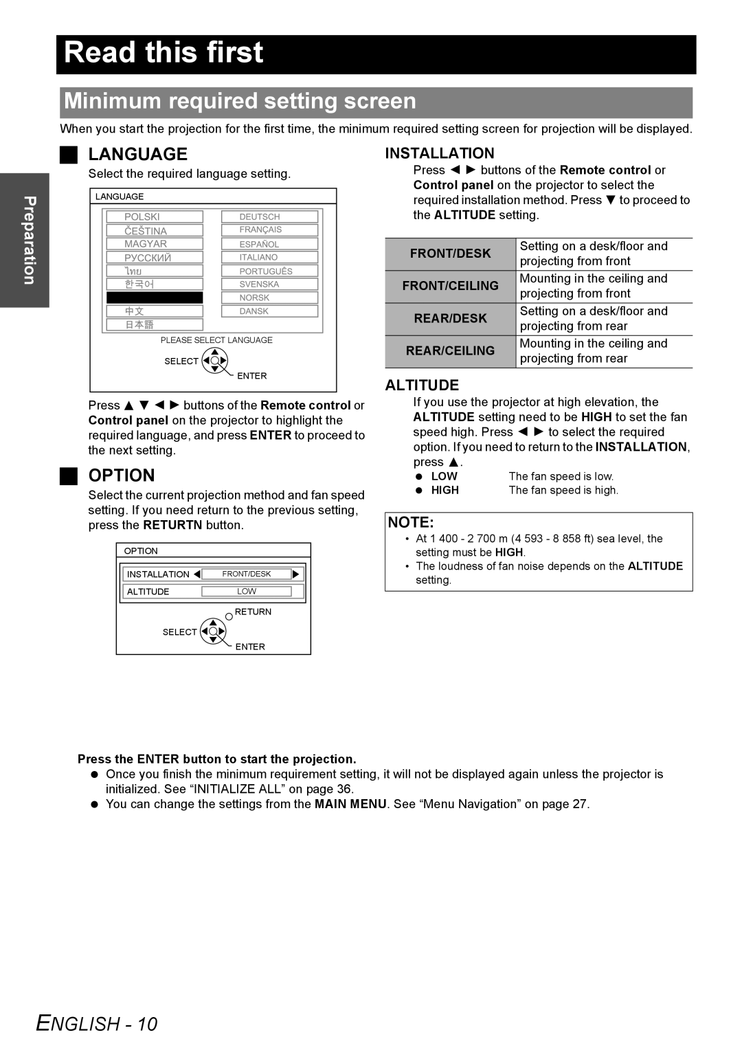 Panasonic PT-F200U manual Read this first, Minimum required setting screen 