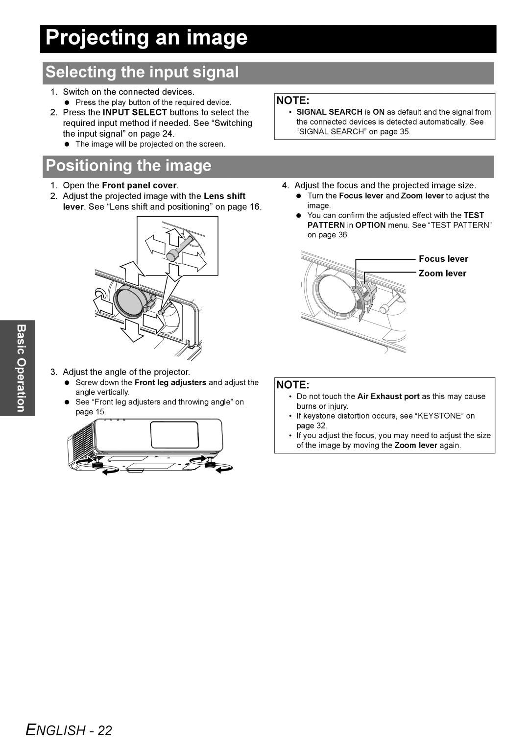 Panasonic PT-F200U manual Projecting an image, Selecting the input signal, Positioning the image, Focus lever Zoom lever 