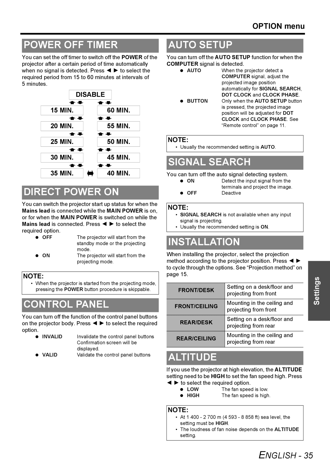 Panasonic PT-F200U Power OFF Timer, Direct Power on, Control Panel, Auto Setup, Signal Search, Installation, Altitude 