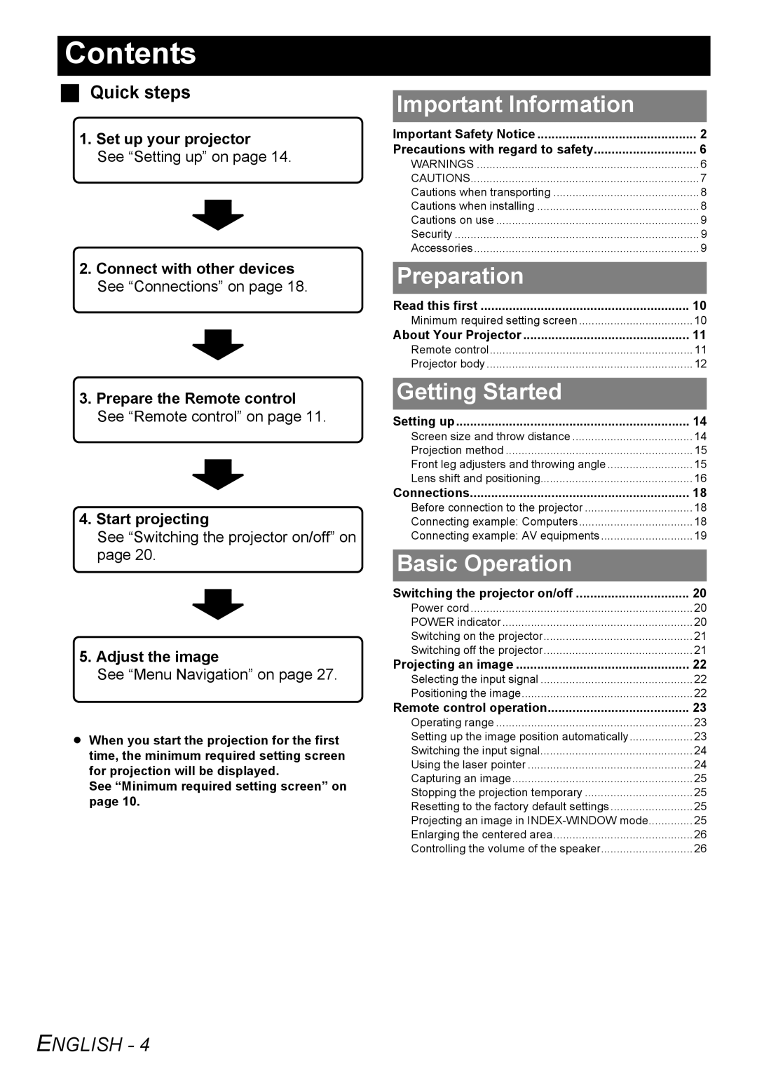 Panasonic PT-F200U manual Contents 