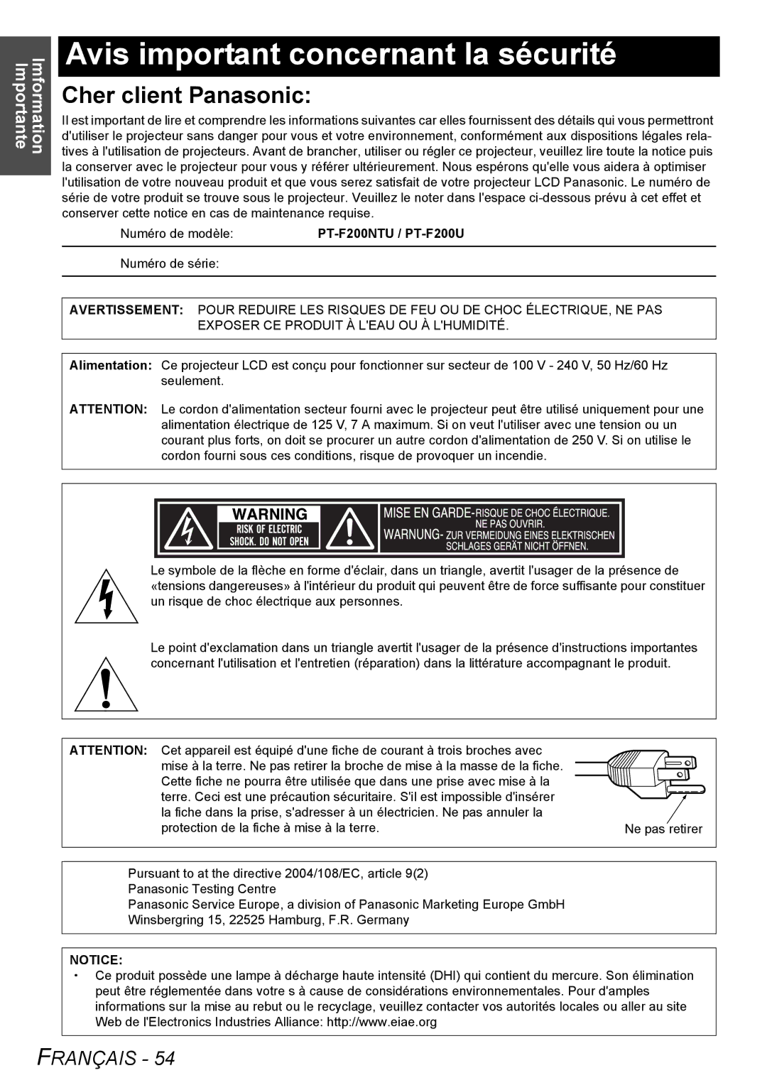 Panasonic manual Avis important concernant la sécurité, Numéro de modèle PT-F200NTU / PT-F200U, Numéro de série 