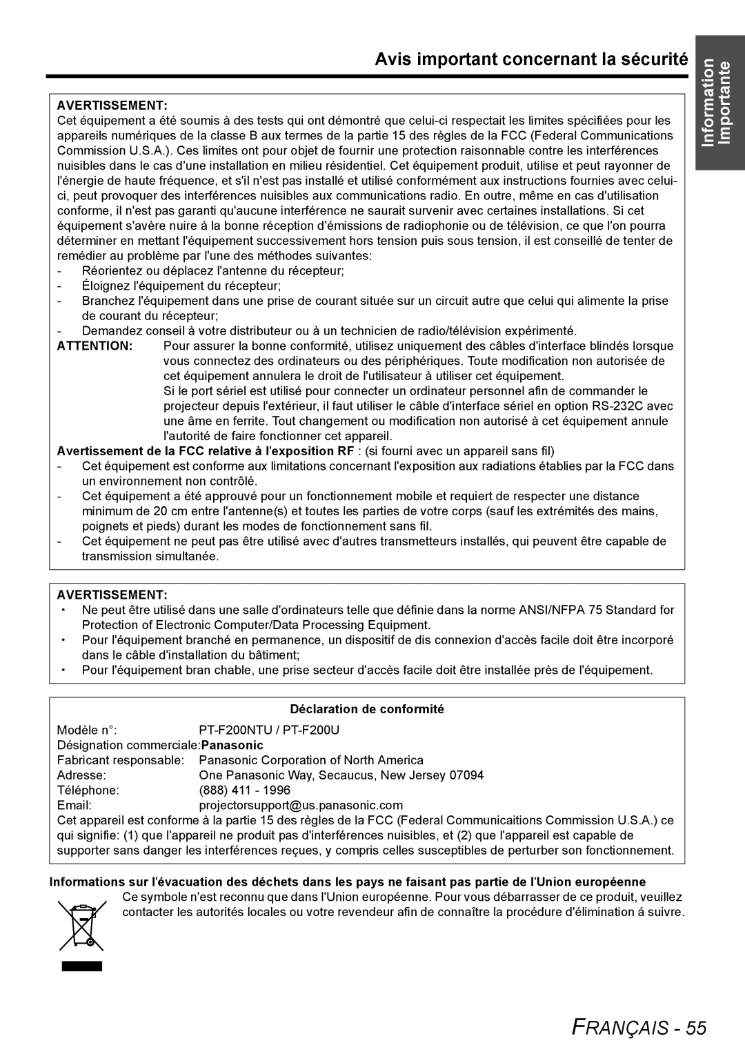 Panasonic PT-F200U manual Avis important concernant la sécurité, Avertissement, Déclaration de conformité 