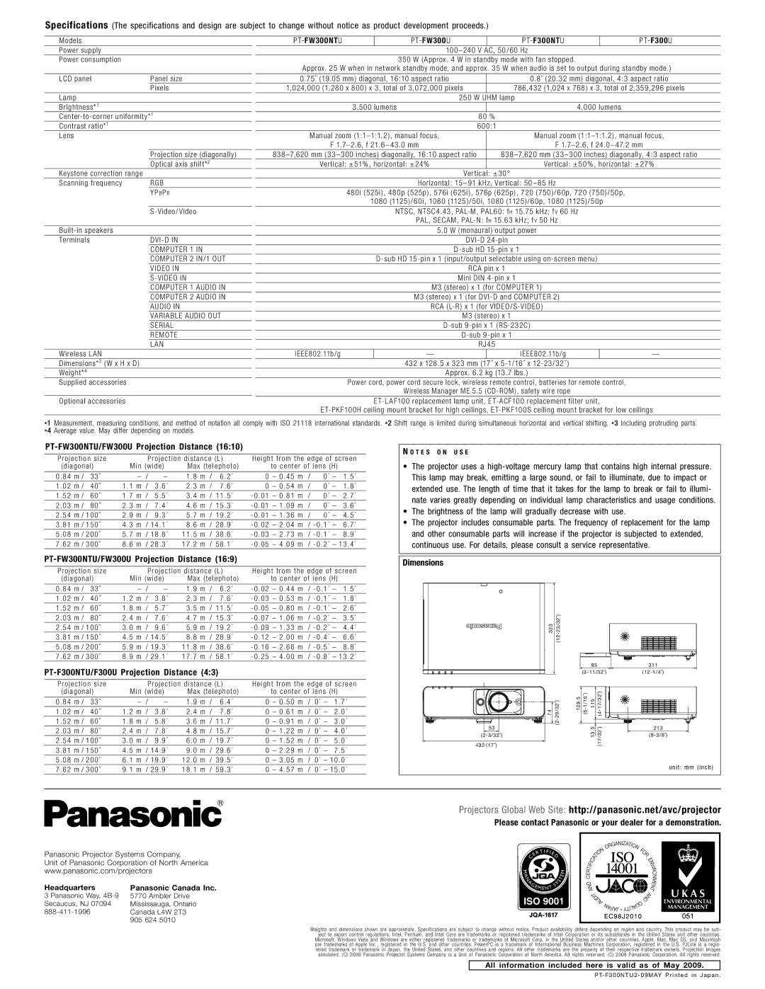 Panasonic PT-F300 Series manual F W300U, PT-FW300NTU/FW300U Projection Distance, PT-F300NTU/F300U Projection Distance 