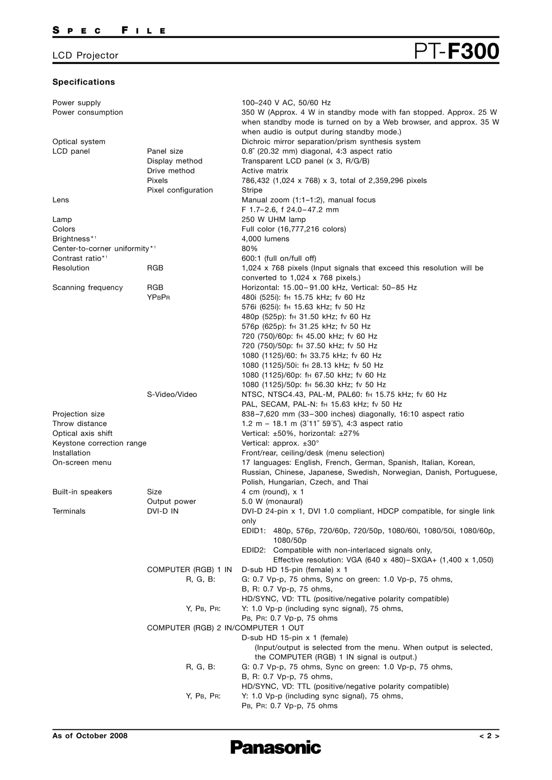 Panasonic PT-F300 specifications Specifications 