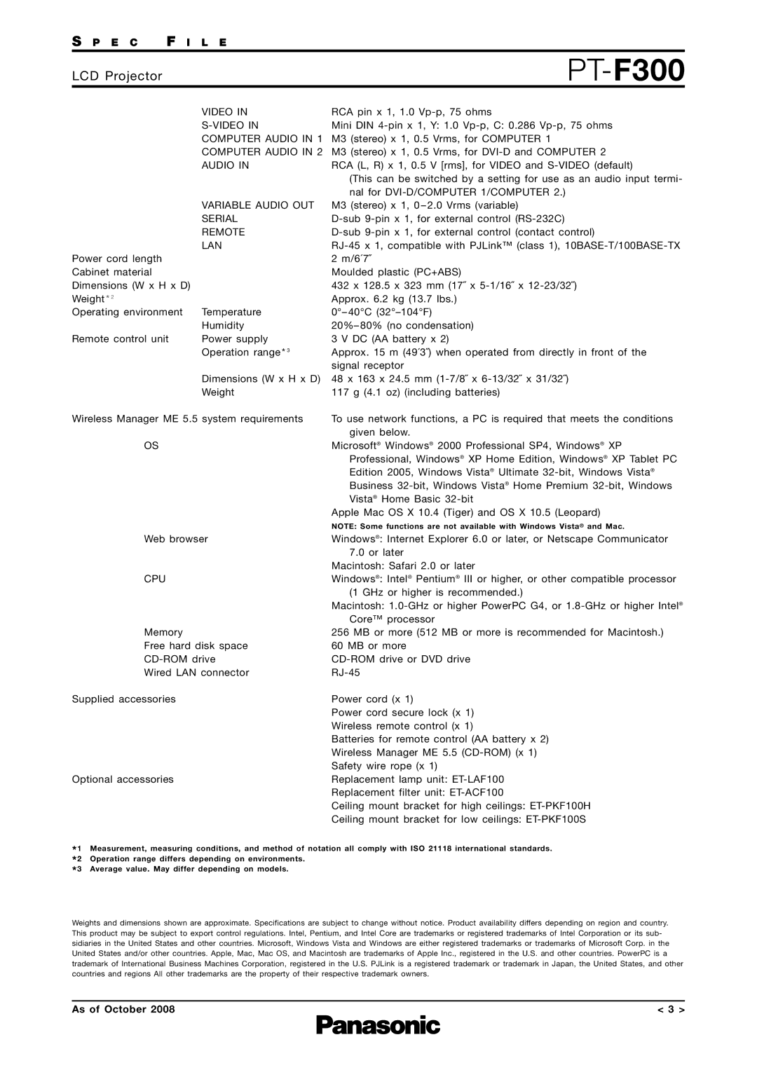 Panasonic PT-F300 specifications Video 