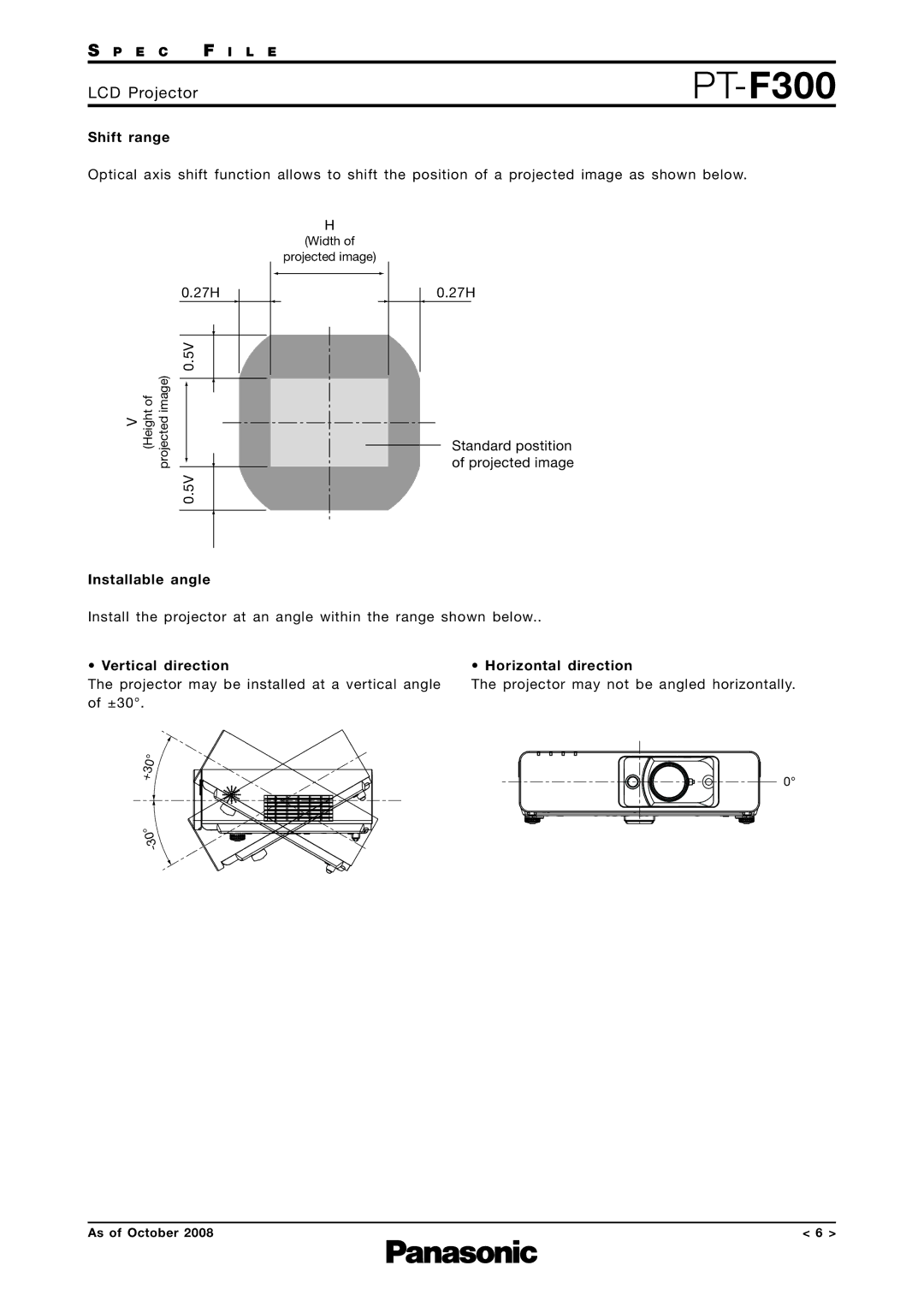 Panasonic PT-F300 specifications Shift range, Installable angle, Vertical direction, Horizontal direction 