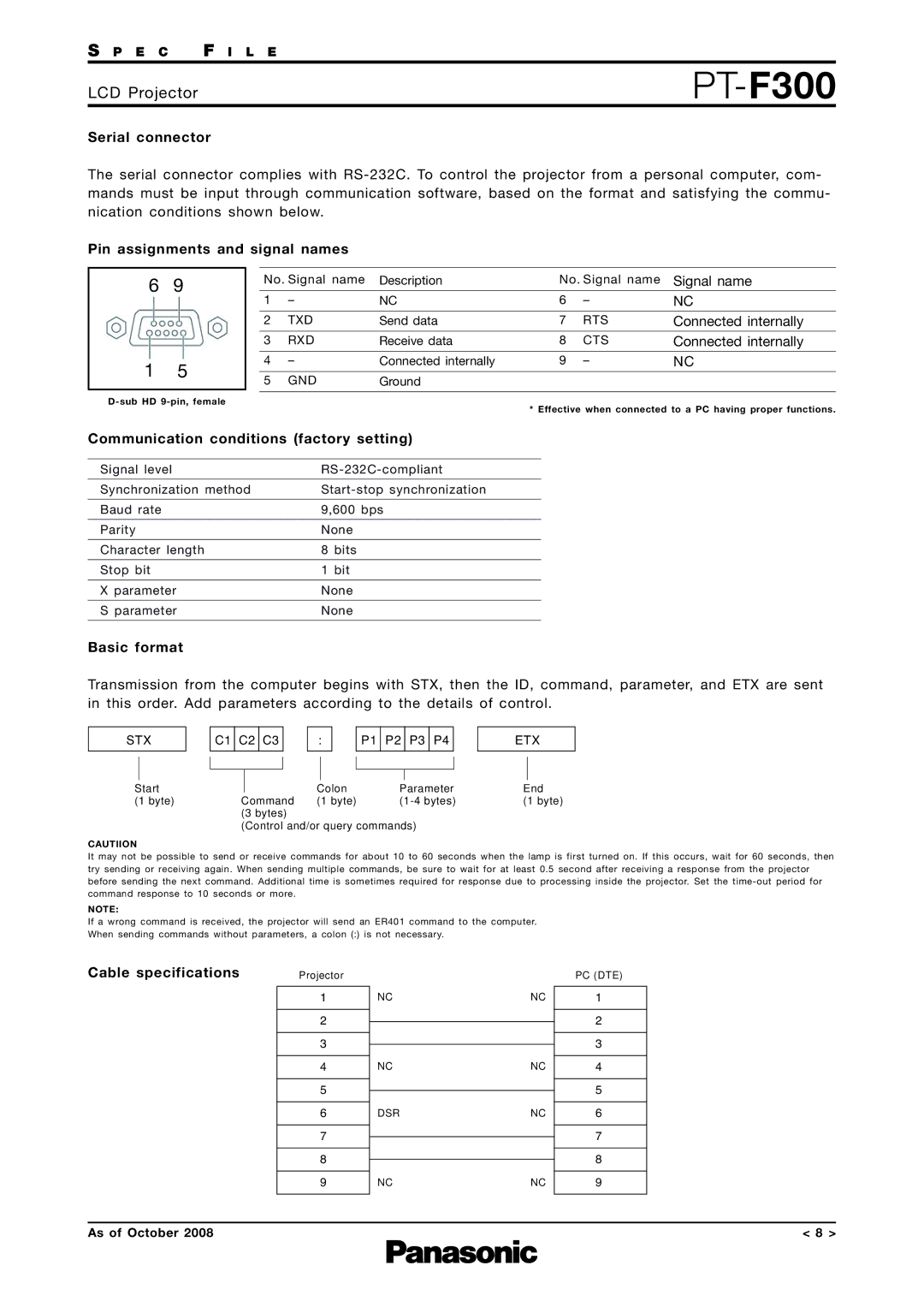 Panasonic PT-F300 Serial connector, Pin assignments and signal names, Communication conditions factory setting 