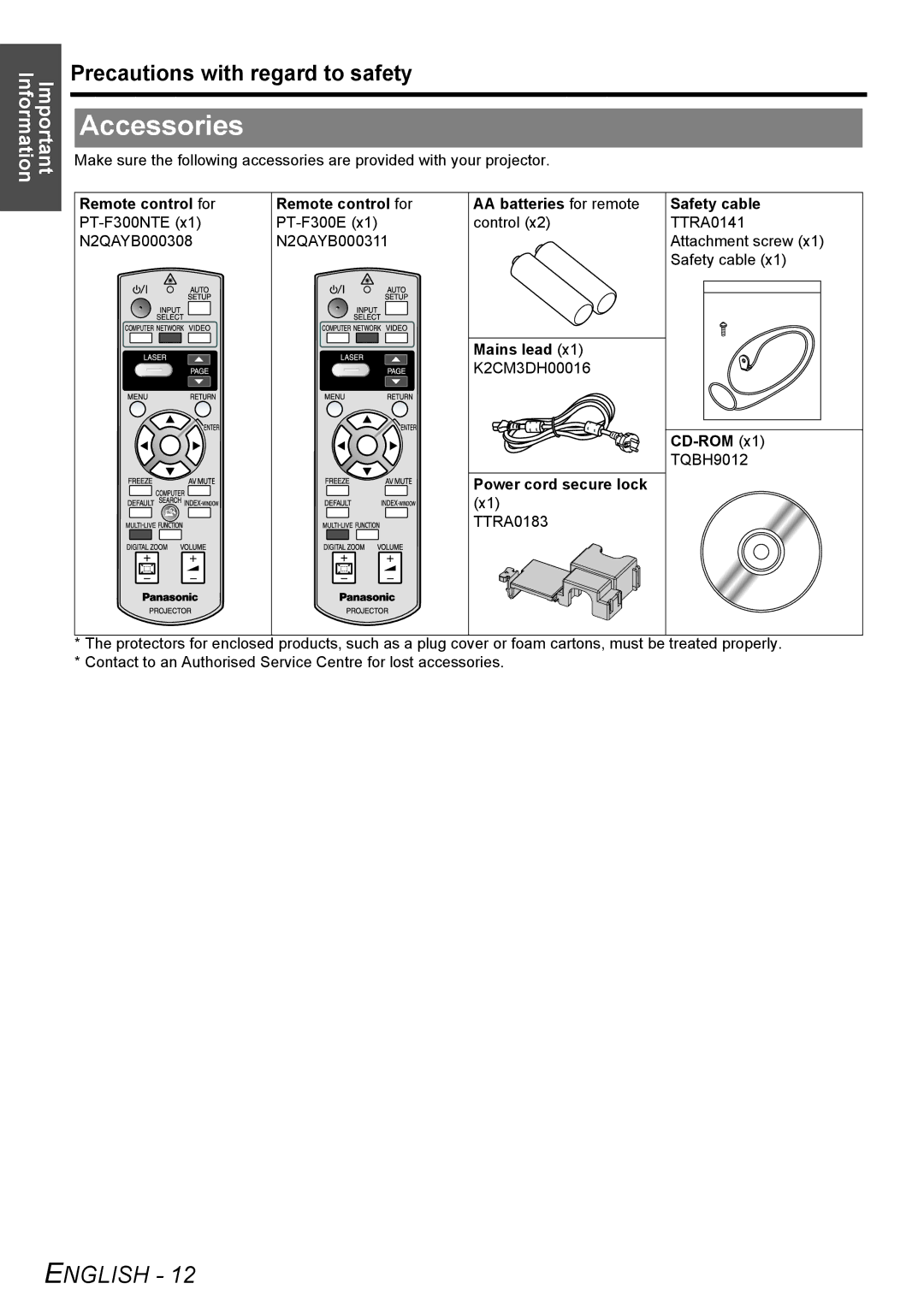 Panasonic PT-F300E, PT-F300NTE manual Accessories, Mains lead, Power cord secure lock 