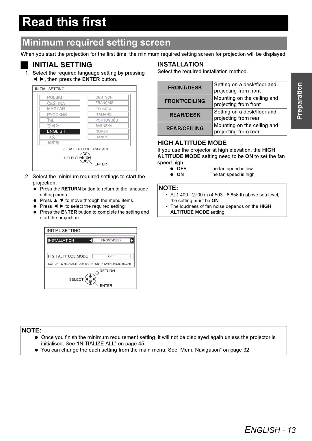 Panasonic PT-F300NTE, PT-F300E manual Read this first, Minimum required setting screen 