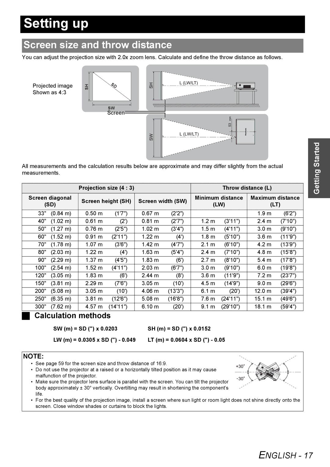 Panasonic PT-F300NTE, PT-F300E manual Setting up, Screen size and throw distance, Calculation methods 