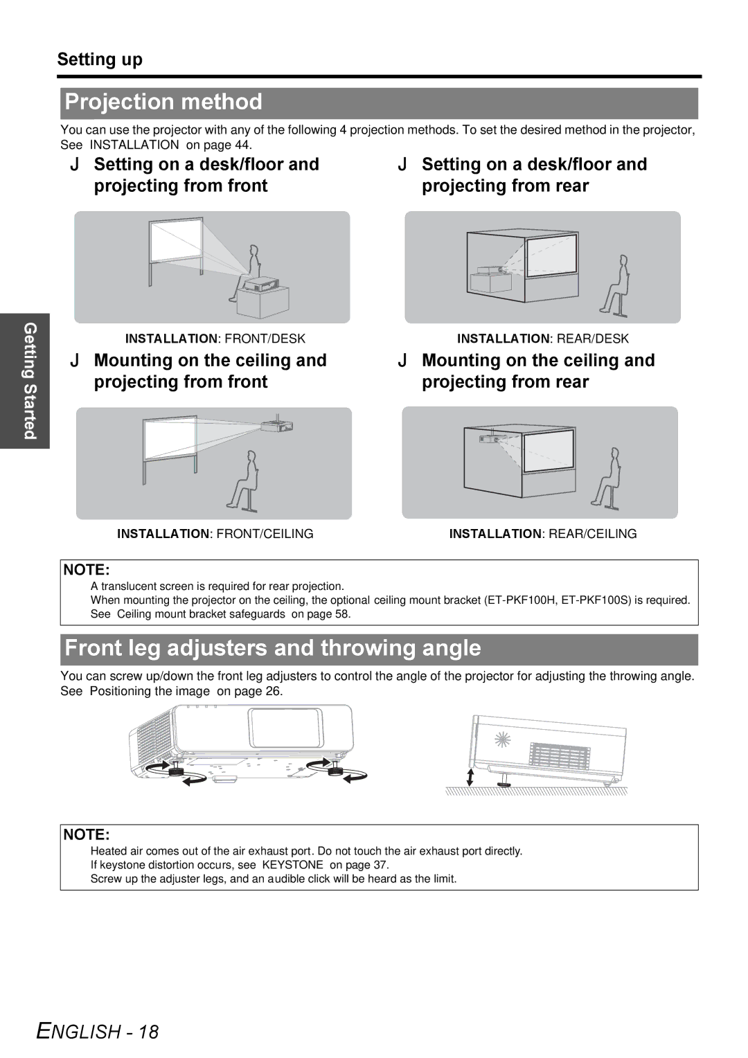 Panasonic PT-F300E, PT-F300NTE manual Projection method, Front leg adjusters and throwing angle, Setting up 