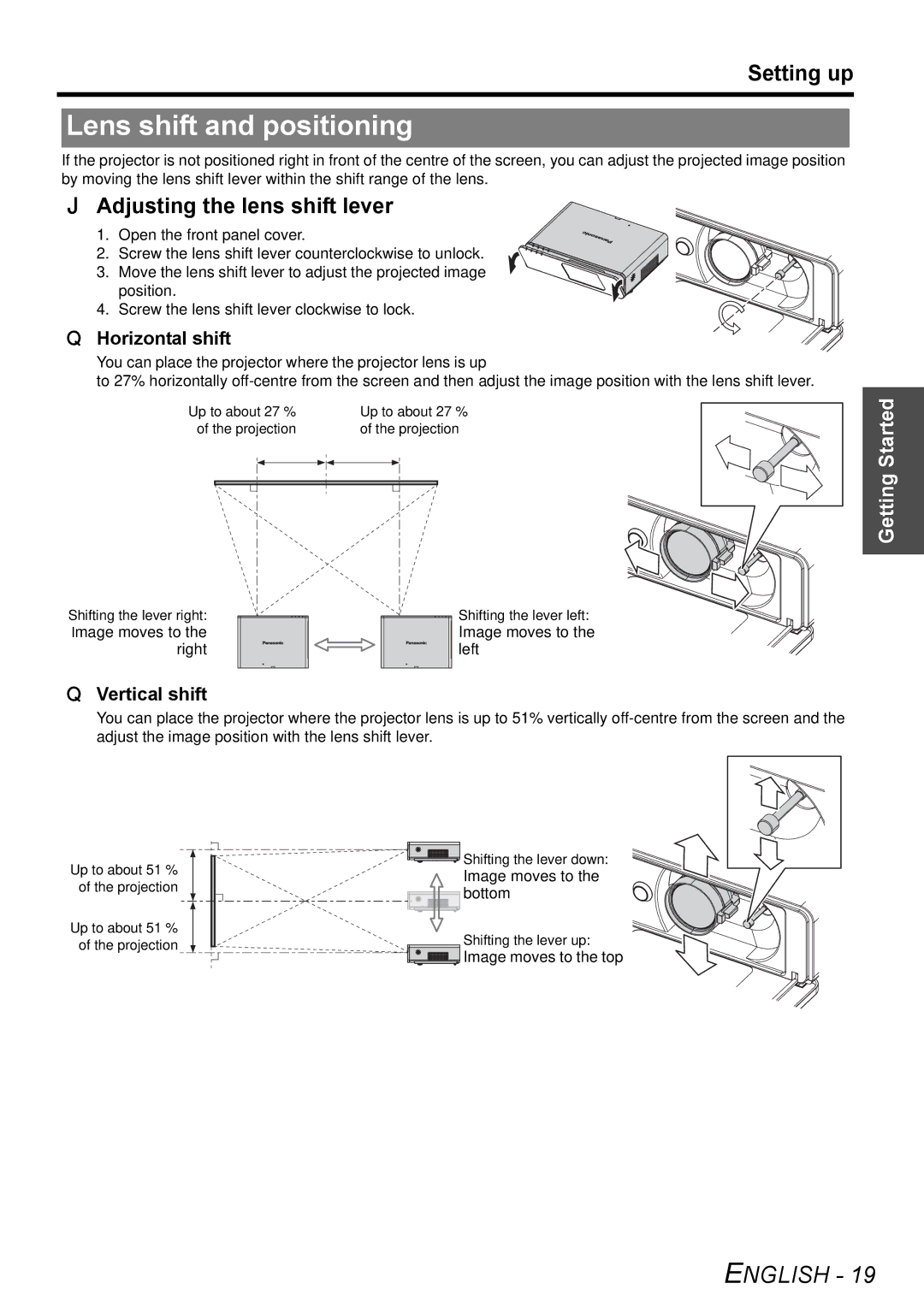 Panasonic PT-F300NTE manual Lens shift and positioning, Adjusting the lens shift lever, Horizontal shift, Vertical shift 