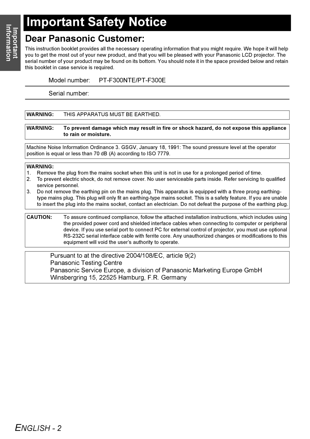 Panasonic PT-F300E, PT-F300NTE manual Important Safety Notice, To rain or moisture 