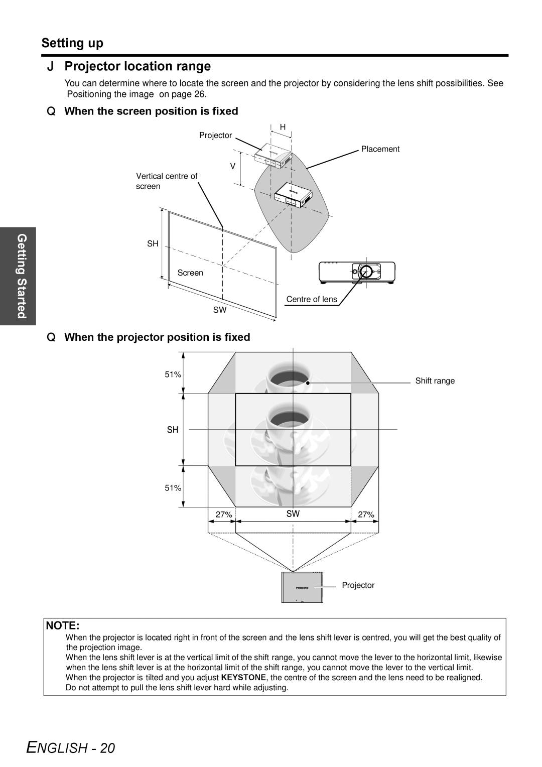 Panasonic PT-F300E, PT-F300NTE manual Setting up Projector location range, When the screen position is fixed 