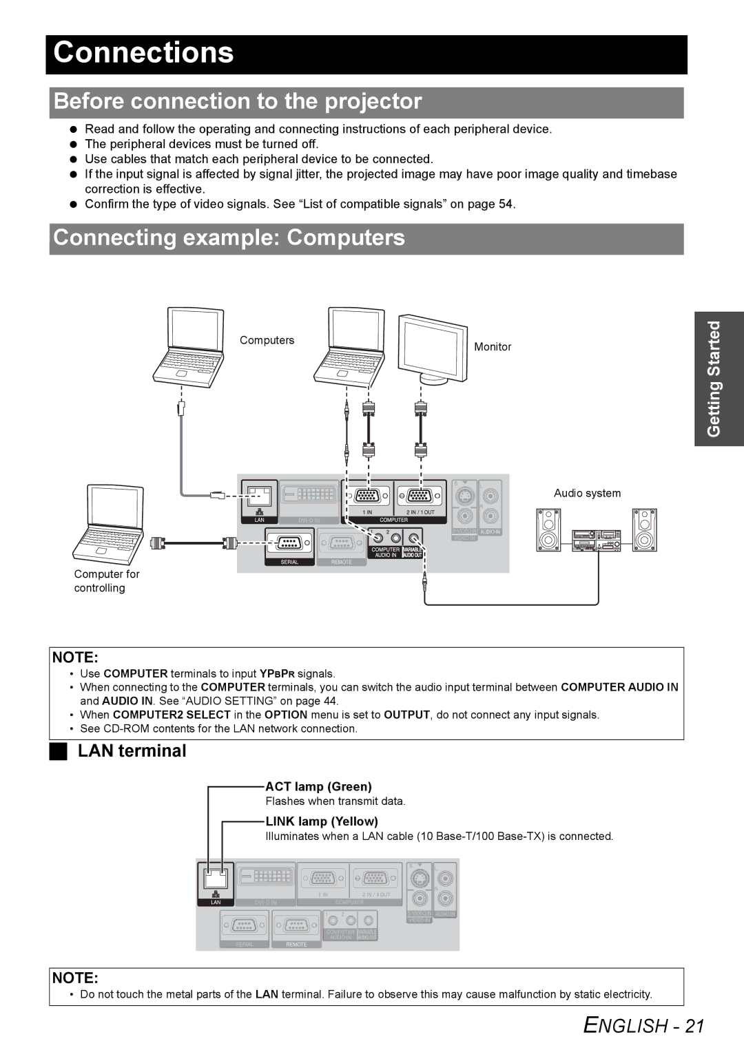 Panasonic PT-F300NTE, PT-F300E Connections, Before connection to the projector, Connecting example Computers, LAN terminal 