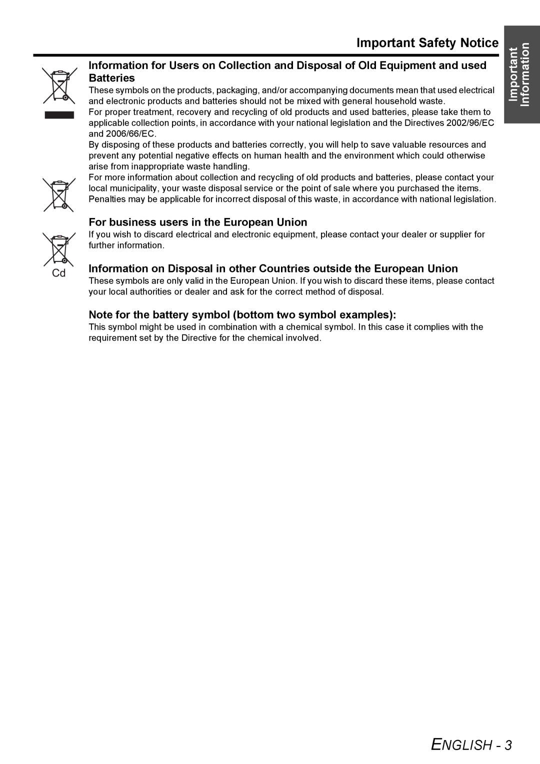 Panasonic PT-F300NTE, PT-F300E manual Important Safety Notice, For business users in the European Union 