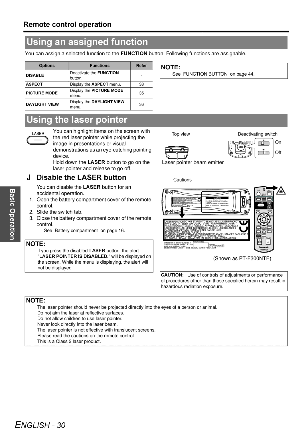 Panasonic PT-F300E, PT-F300NTE manual Using an assigned function, Using the laser pointer, Disable the Laser button 