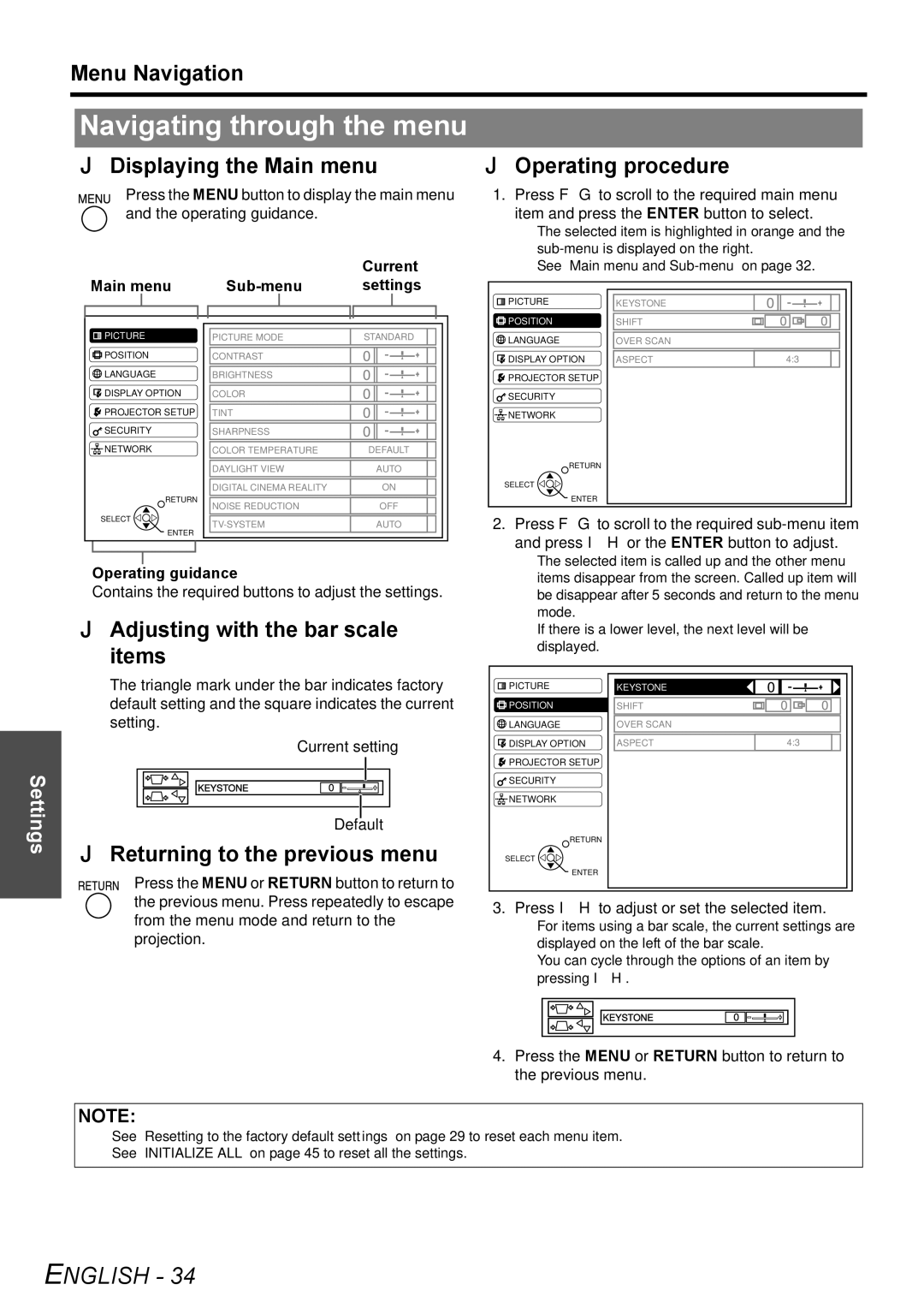 Panasonic PT-F300E, PT-F300NTE Navigating through the menu, Displaying the Main menu, Adjusting with the bar scale items 