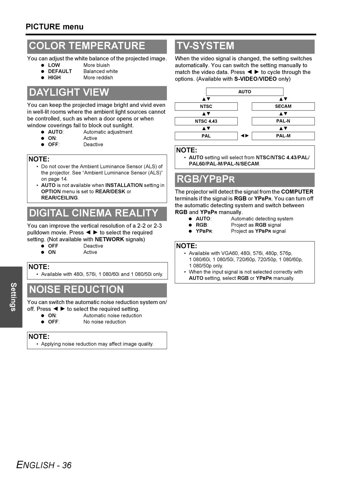 Panasonic PT-F300E manual Color Temperature, Daylight View, Digital Cinema Reality, Tv-System, Rgb/Ypbpr, Noise Reduction 