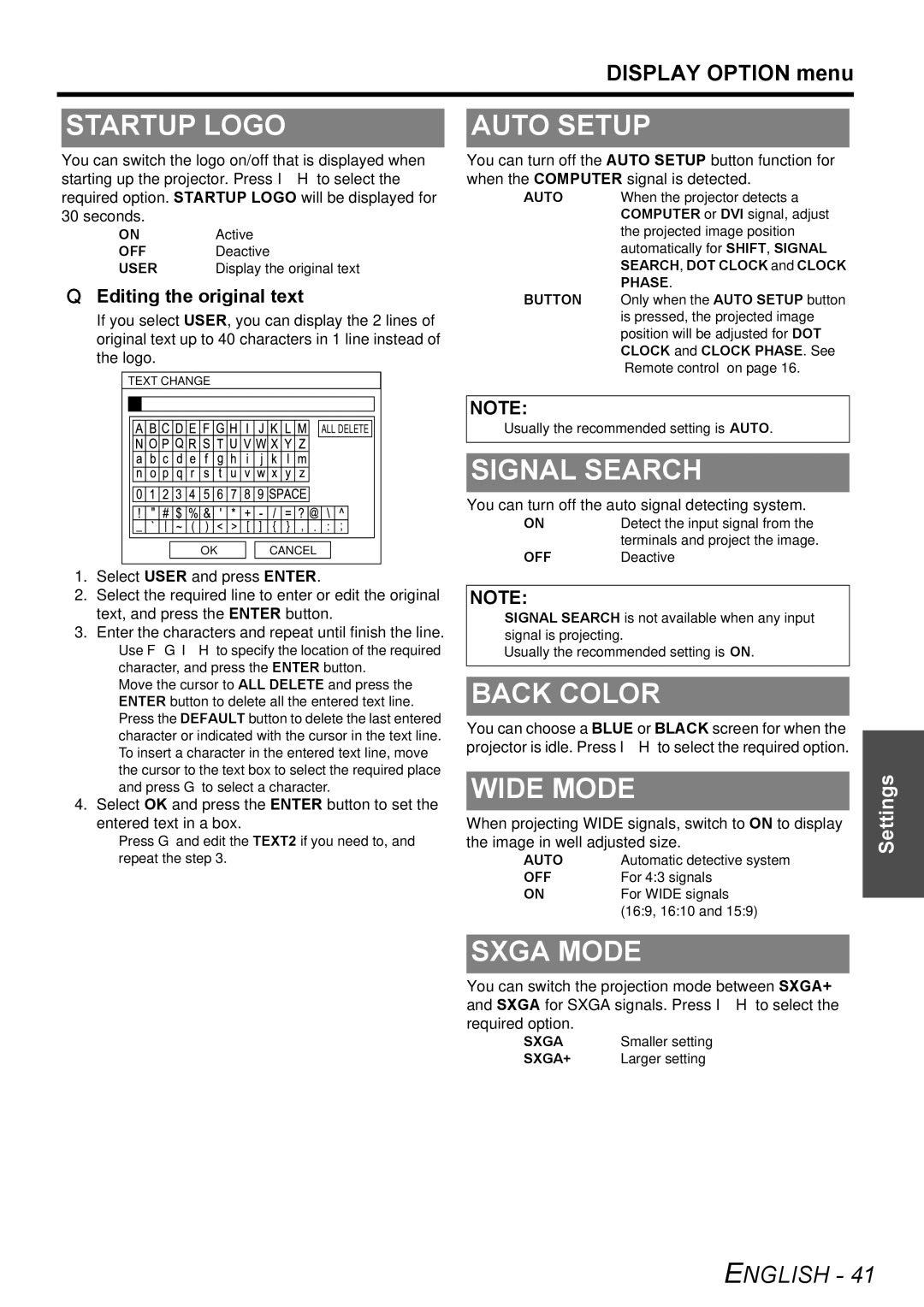 Panasonic PT-F300NTE, PT-F300E manual Startup Logo, Auto Setup, Signal Search, Back Color, Wide Mode, Sxga Mode 