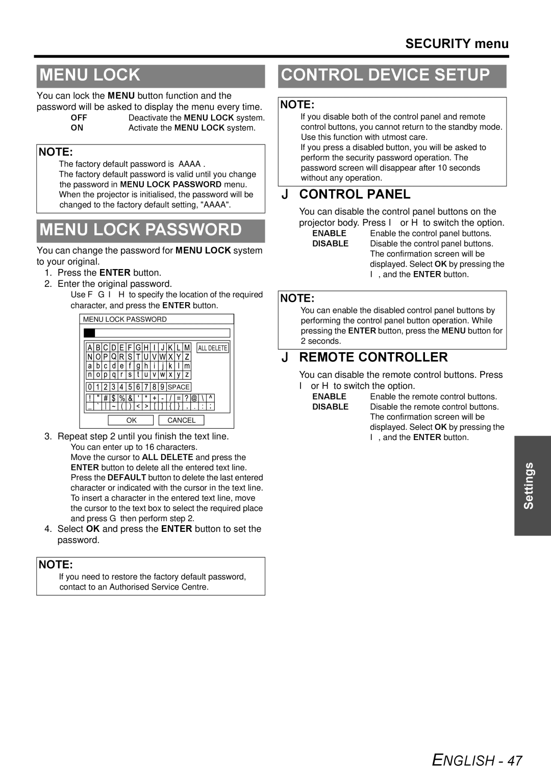 Panasonic PT-F300NTE, PT-F300E manual Menu Lock Password, Control Device Setup, Security menu 