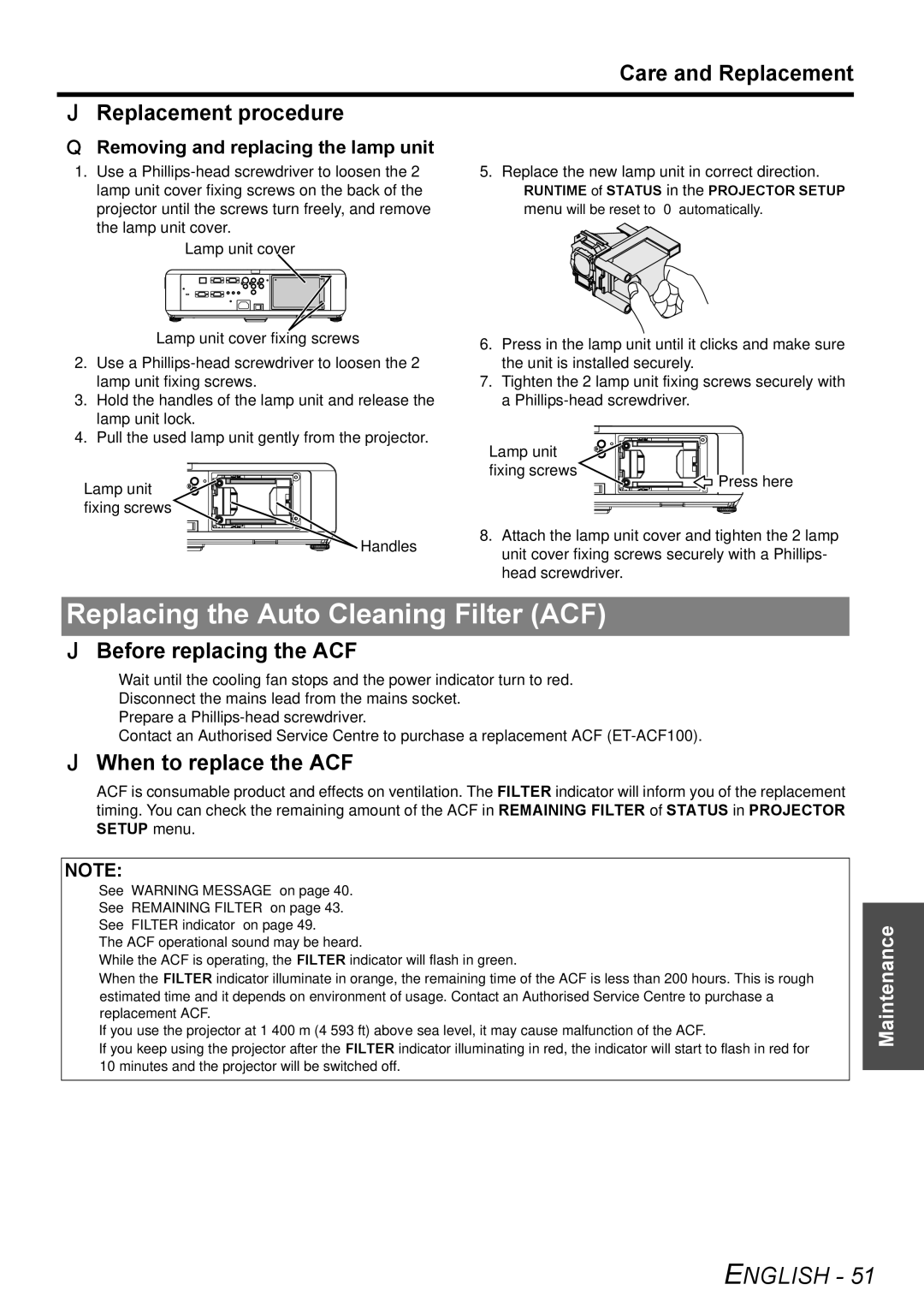 Panasonic PT-F300NTE, PT-F300E manual Replacing the Auto Cleaning Filter ACF, Care and Replacement Replacement procedure 