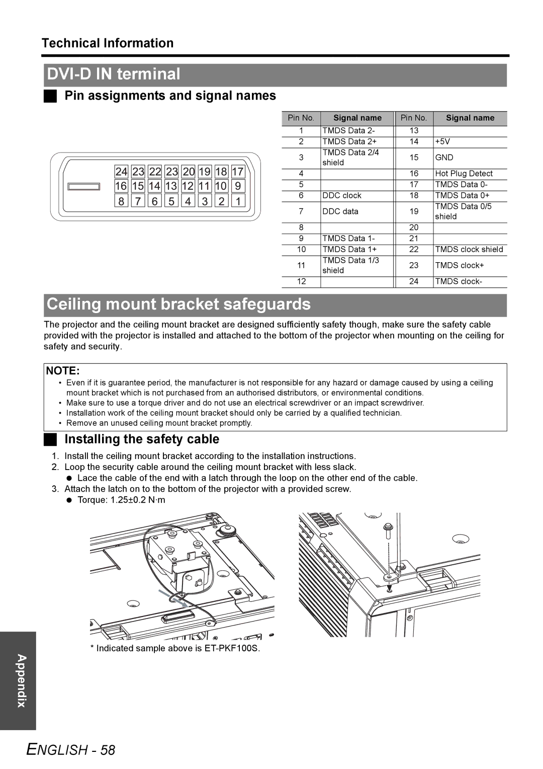 Panasonic PT-F300E, PT-F300NTE manual DVI-D in terminal, Ceiling mount bracket safeguards, Installing the safety cable 