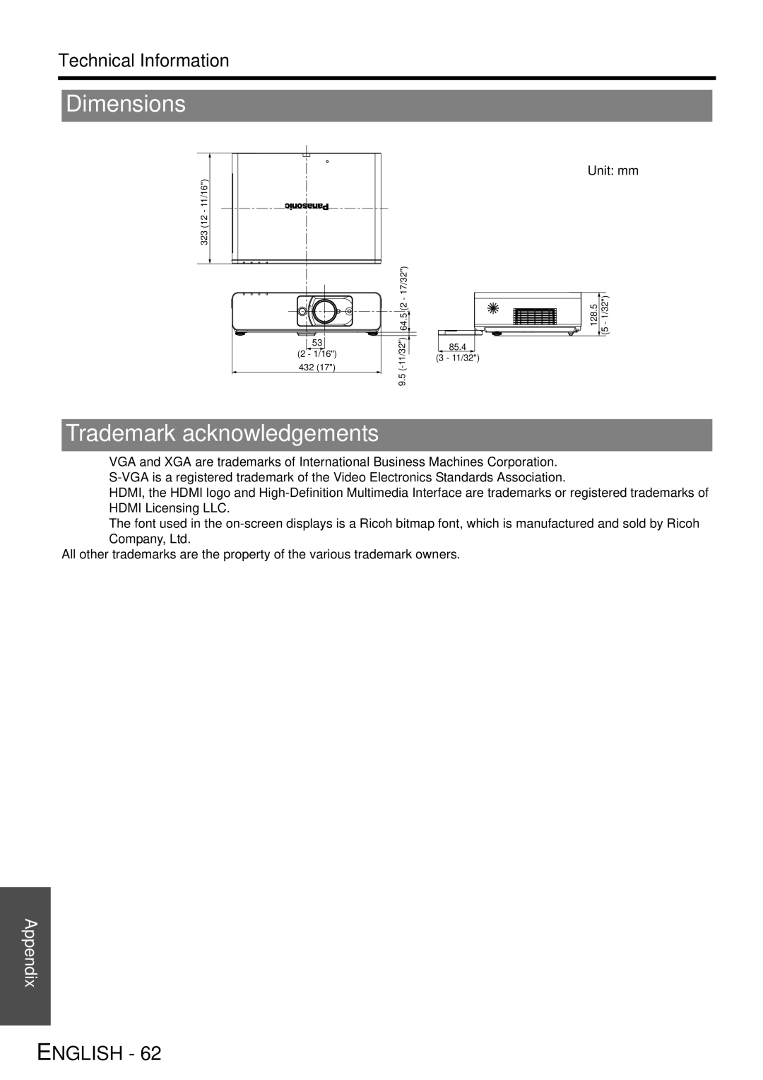 Panasonic PT-F300E, PT-F300NTE manual Dimensions, Trademark acknowledgements, Unit mm 