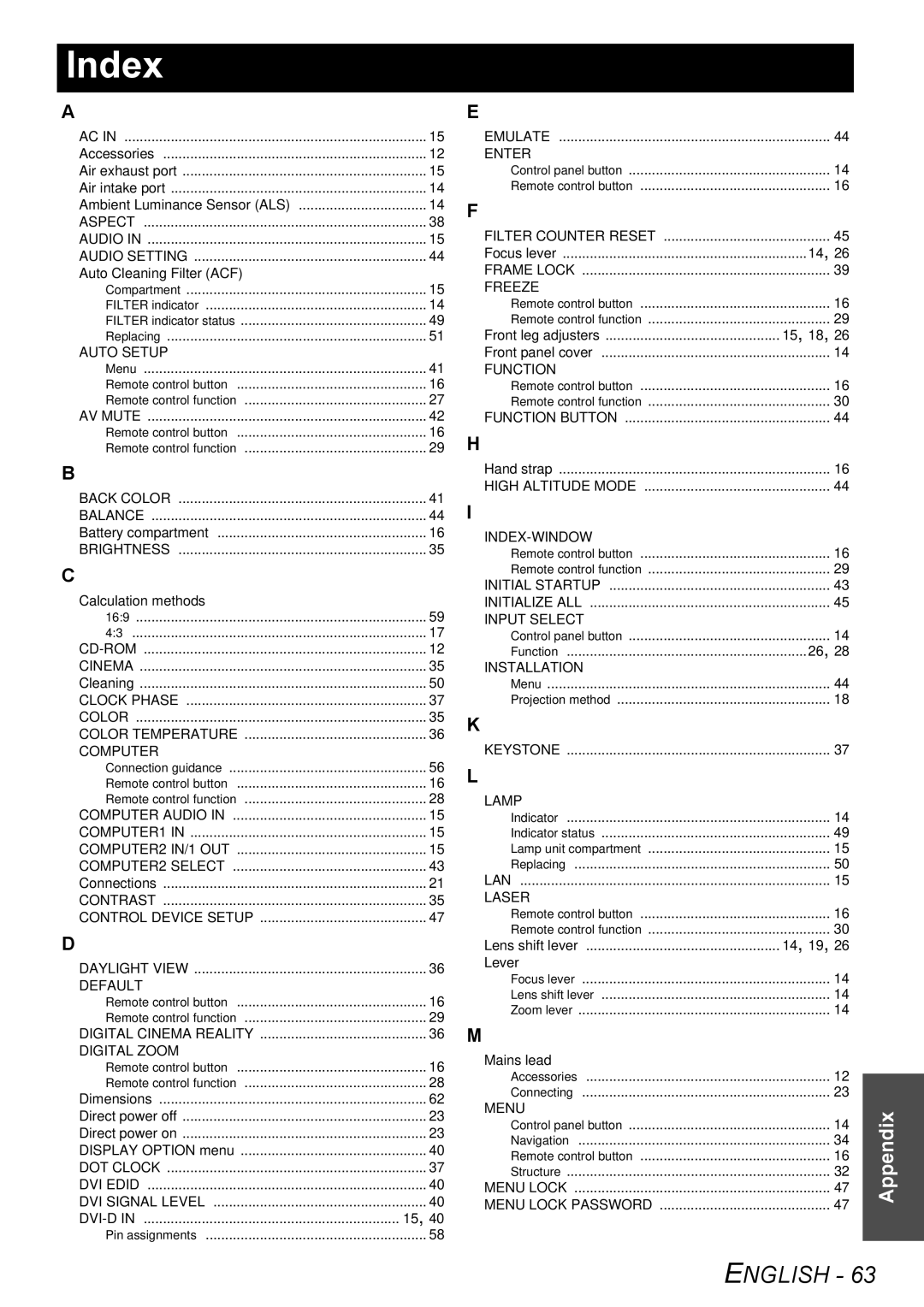 Panasonic PT-F300NTE, PT-F300E manual Index, Aspect Audio Audio Setting 