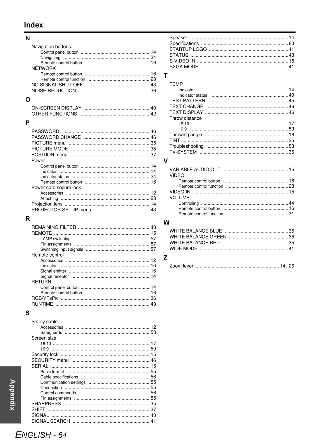 Panasonic PT-F300E, PT-F300NTE manual Index, Picture Mode 