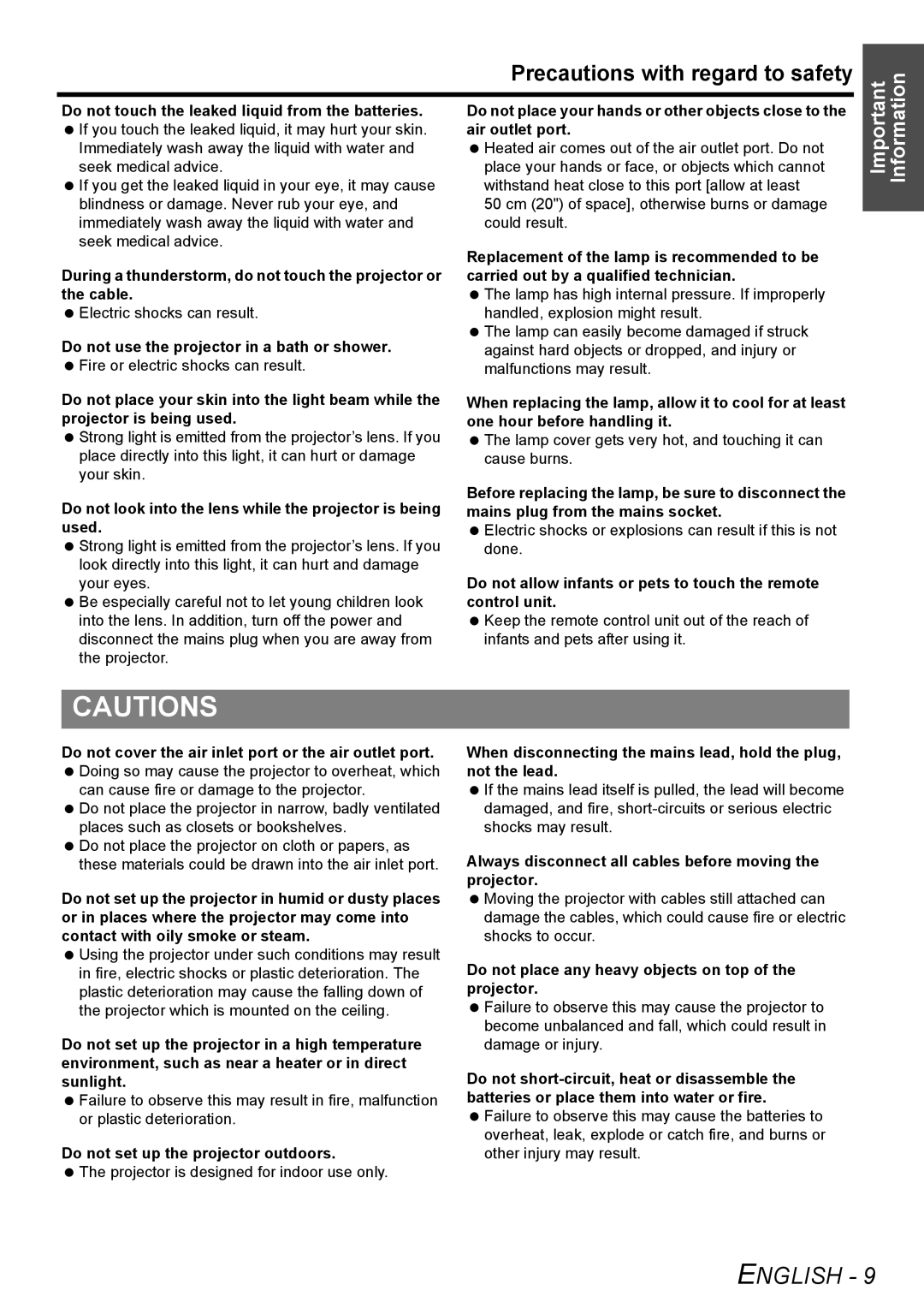 Panasonic PT-F300NTE manual Precautions with regard to safety, Do not look into the lens while the projector is being used 