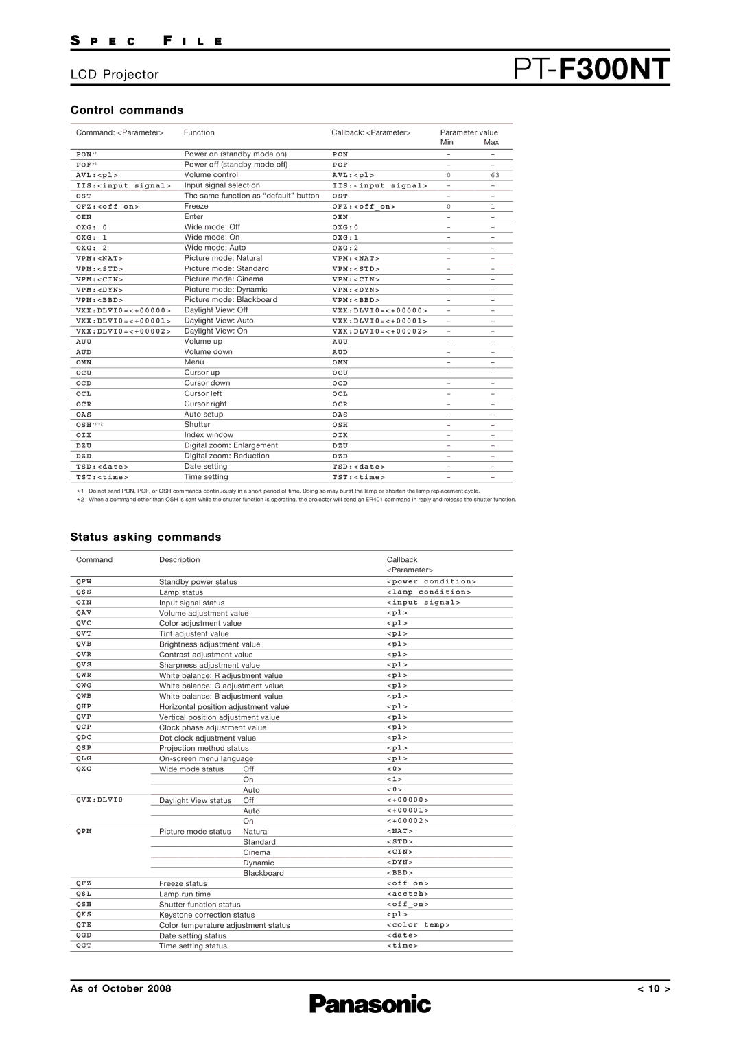 Panasonic PT-F300NT specifications Control commands, Status asking commands 