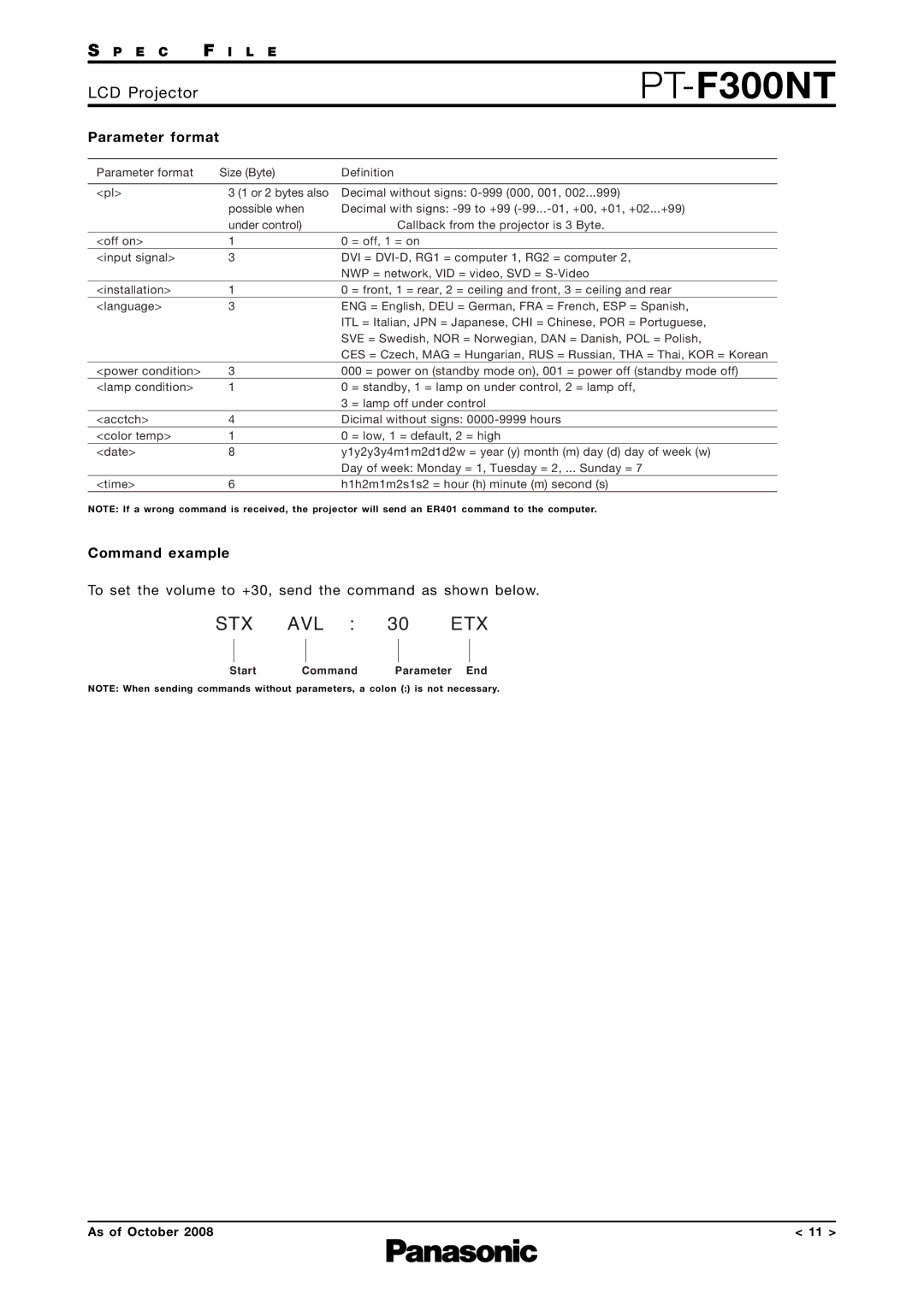 Panasonic PT-F300NT specifications Parameter format, Command example 