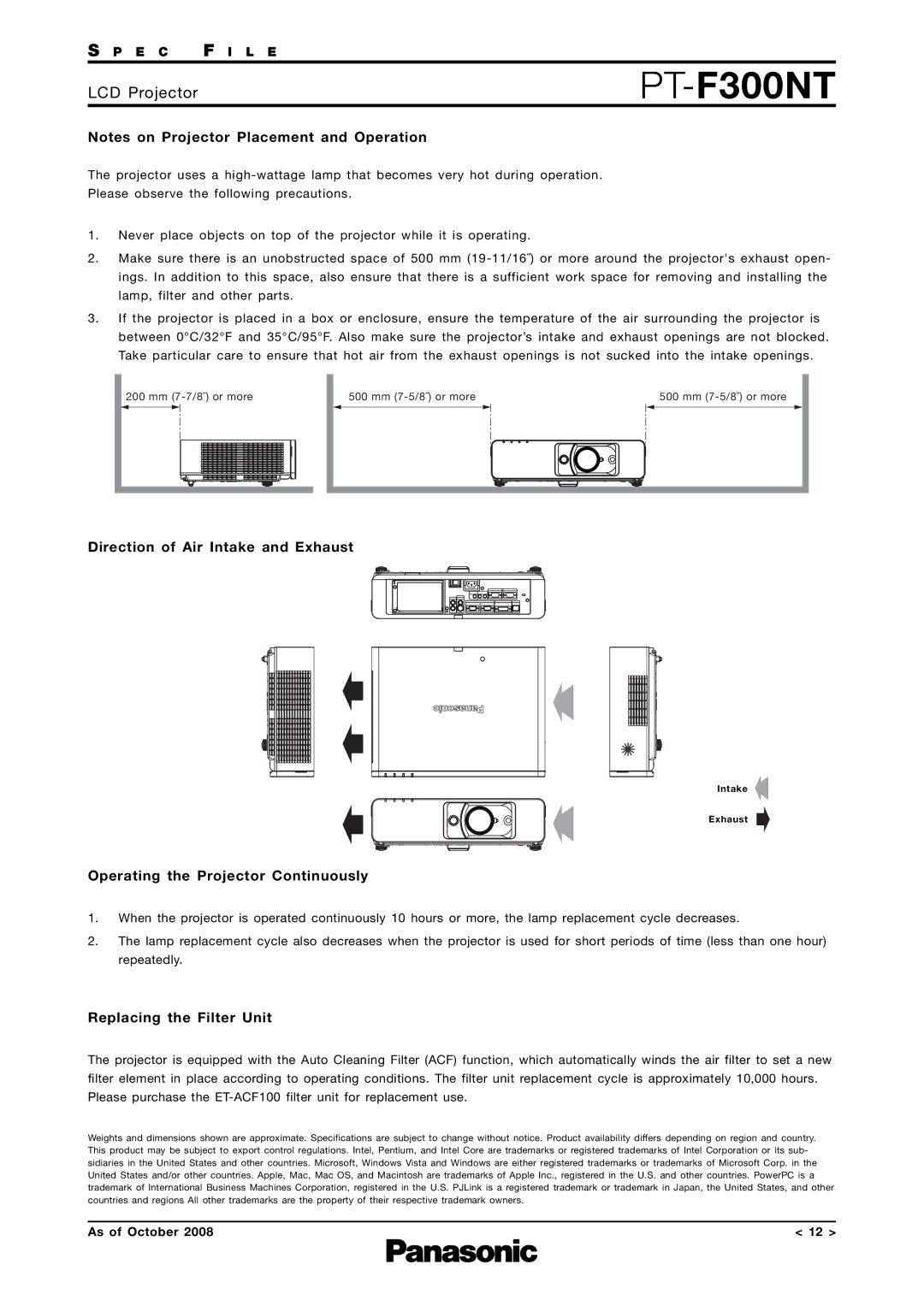 Panasonic PT-F300NT Direction of Air Intake and Exhaust, Operating the Projector Continuously, Replacing the Filter Unit 