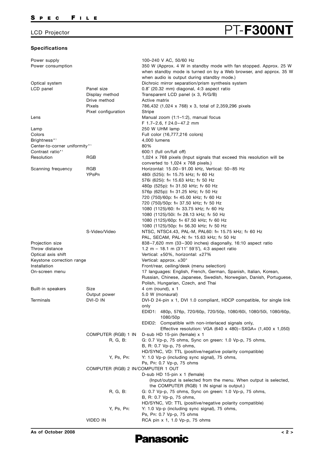 Panasonic PT-F300NT specifications Specifications 