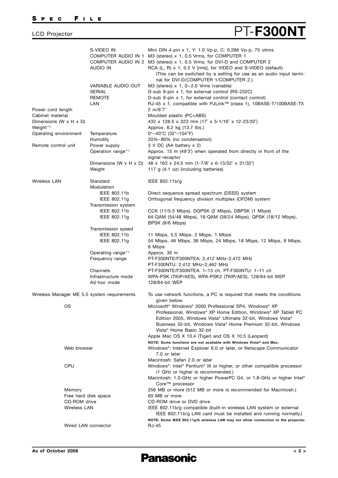 Panasonic PT-F300NT specifications E C 