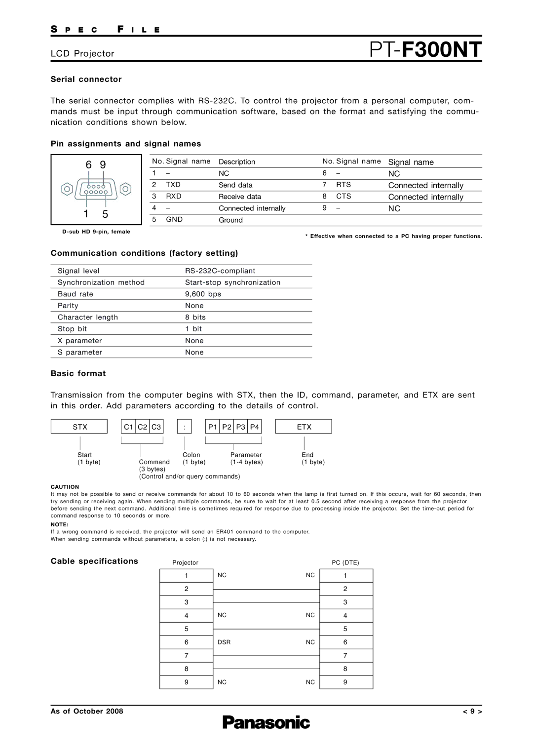 Panasonic PT-F300NT Serial connector, Pin assignments and signal names, Communication conditions factory setting 