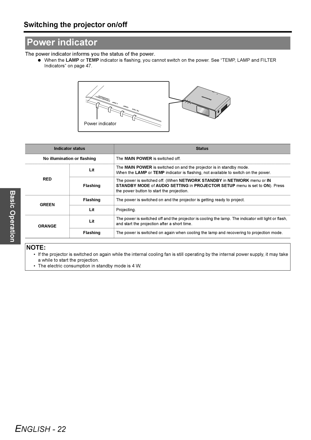 Panasonic PT-F300U, PT-F300NTU Switching the projector on/off, Power indicator informs you the status of the power 