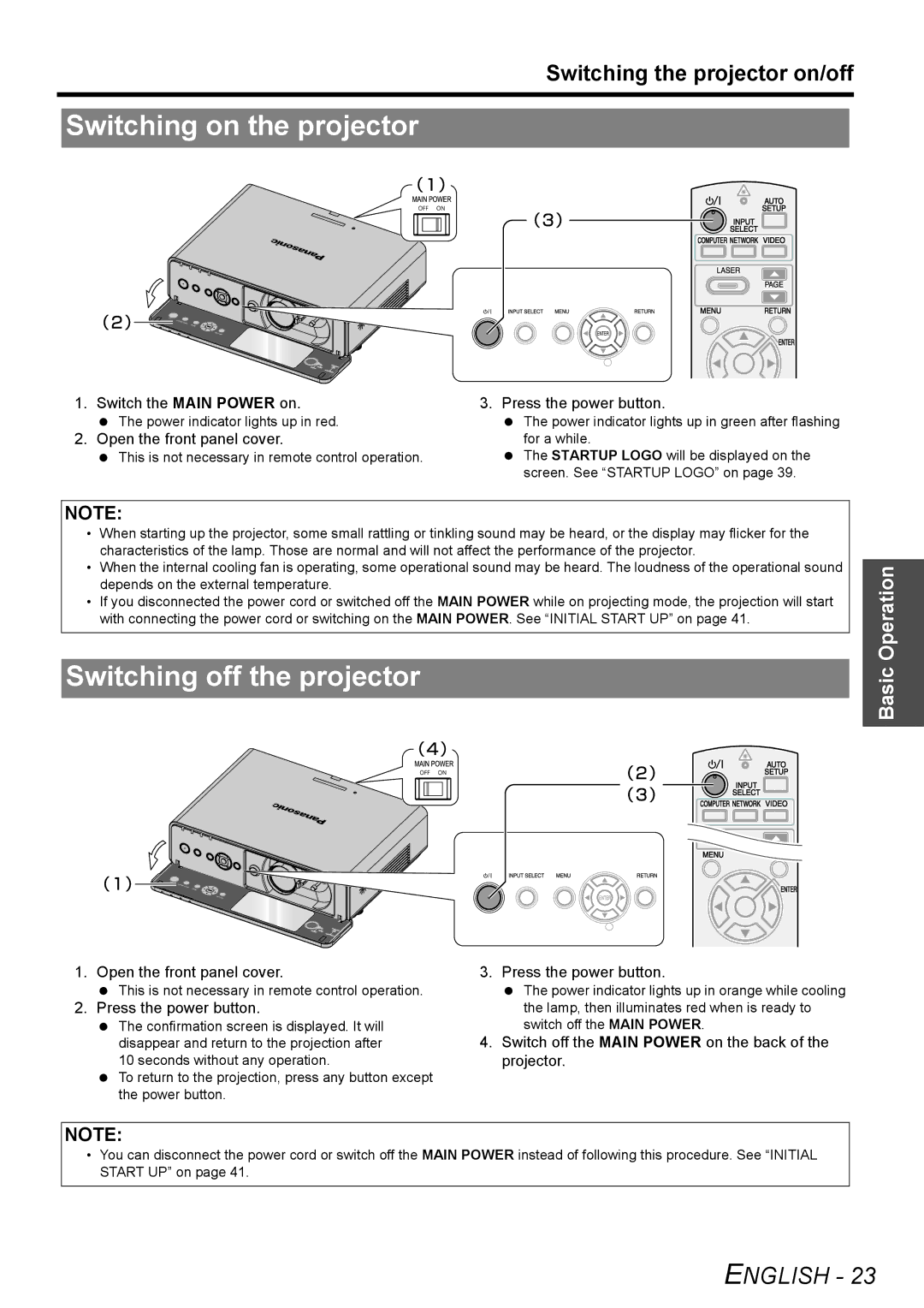 Panasonic PT-F300NTU, PT-F300U manual Switching on the projector, Switching off the projector, Open the front panel cover 