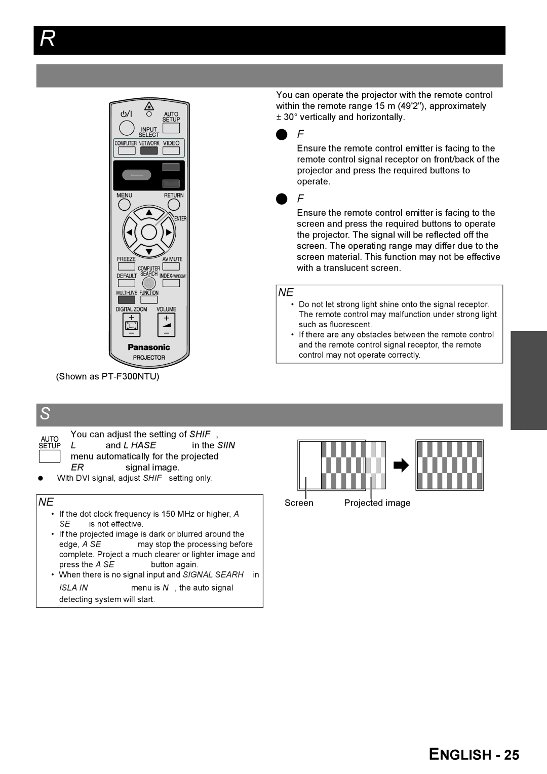 Panasonic PT-F300NTU, PT-F300U manual Remote control operation, Operating range, Setting up the image position automatically 