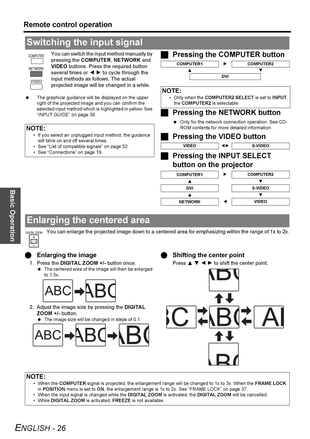 Panasonic PT-F300U, PT-F300NTU manual Switching the input signal, Enlarging the centered area 