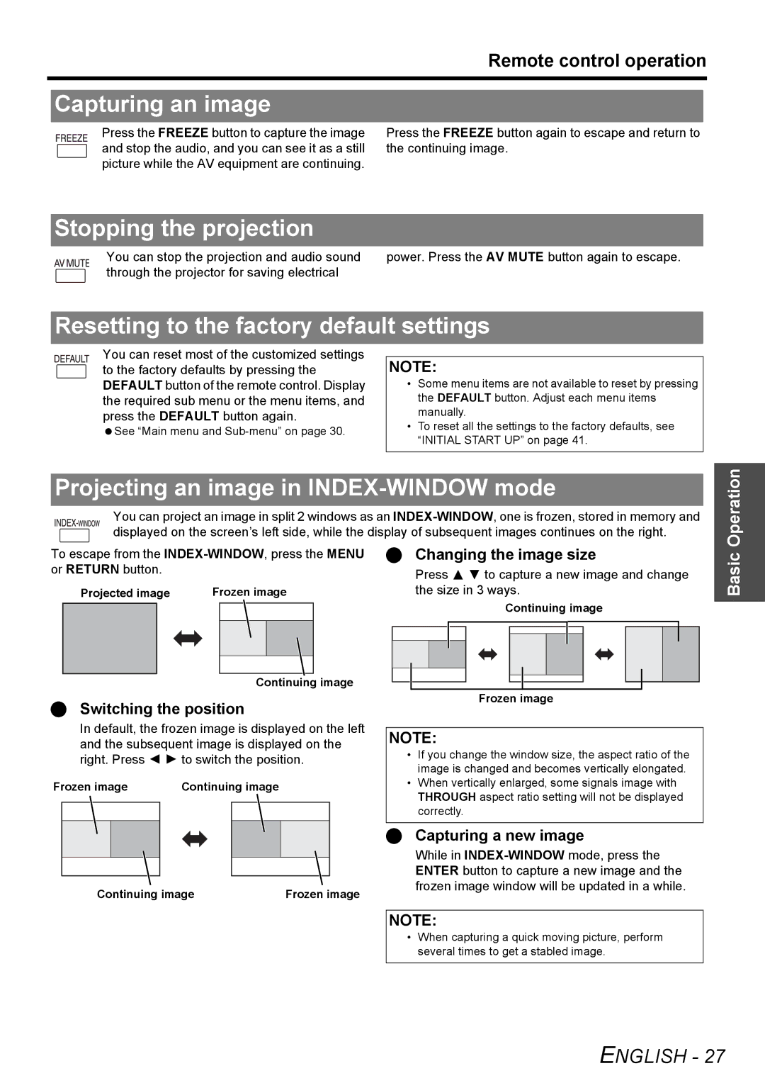 Panasonic PT-F300NTU, PT-F300U manual Capturing an image, Stopping the projection, Resetting to the factory default settings 