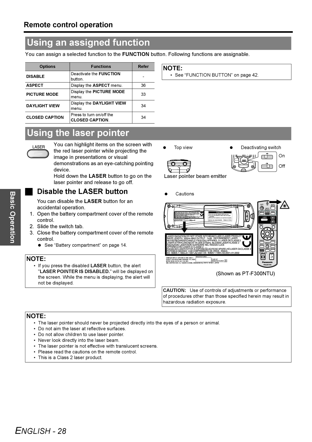 Panasonic PT-F300U, PT-F300NTU manual Using an assigned function, Using the laser pointer, Disable the Laser button 